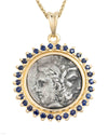 14k Gold & Sapphire Genuine Ancient Greek Coin Necklace (Zeus/Hera; 450-300 B.C.)