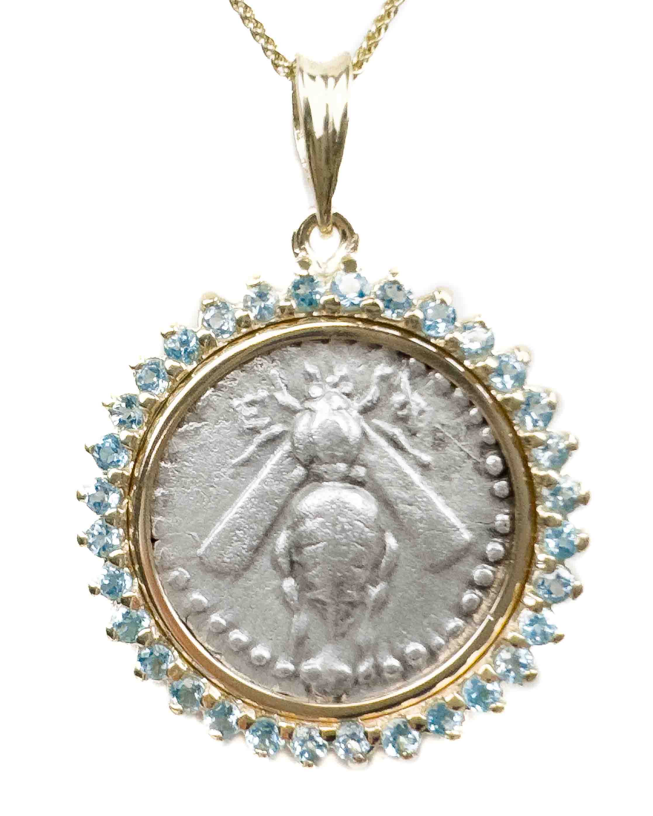 14k Gold Genuine Ancient Greek Coin Sky Blue Topaz Pendant Necklace (Artemis Bee; 202-150 B.C.)