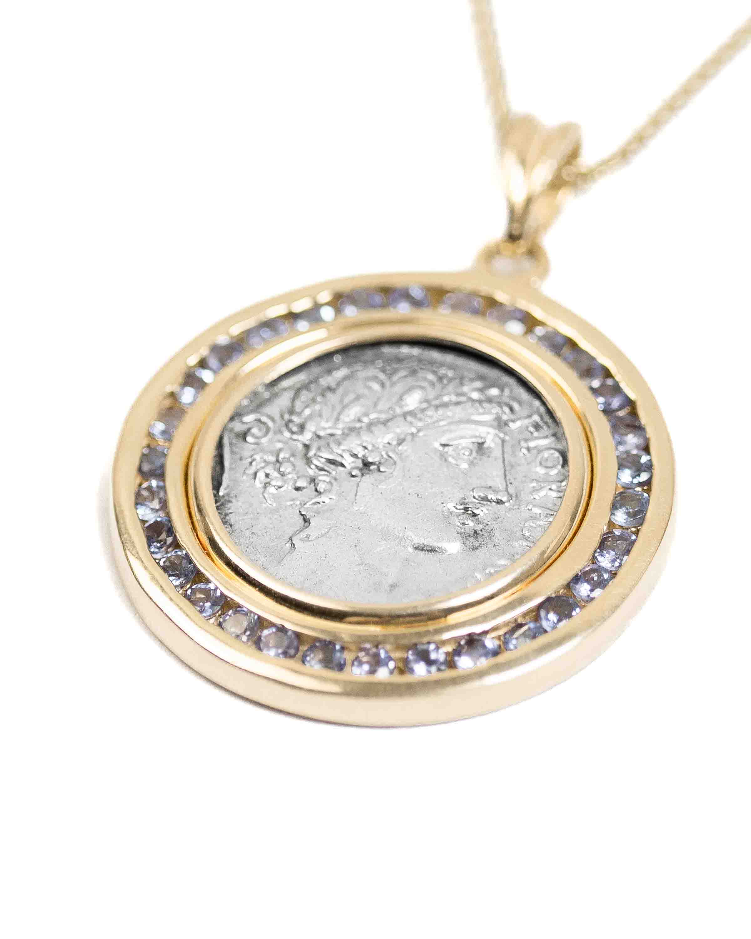 14k Gold & Tanzanite Genuine Ancient Roman Coin Necklace (Flora; 57 B.C.)