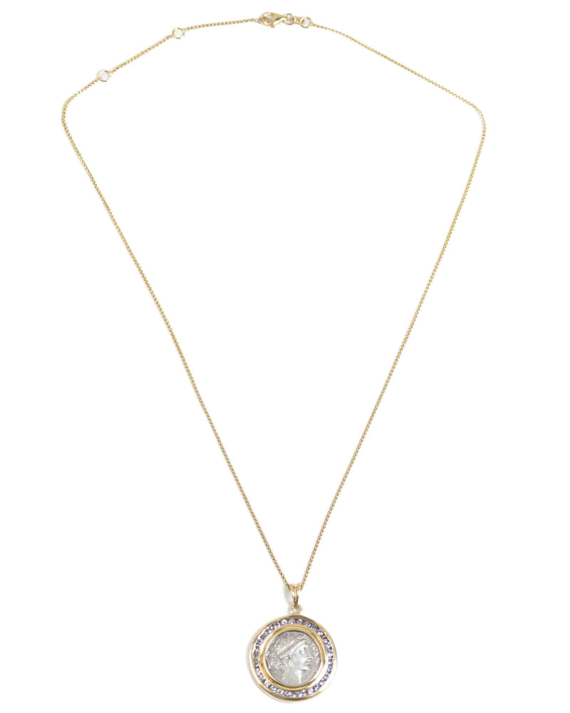 14k Gold & Tanzanite Genuine Ancient Roman Coin Necklace (Flora; 57 B.C.)