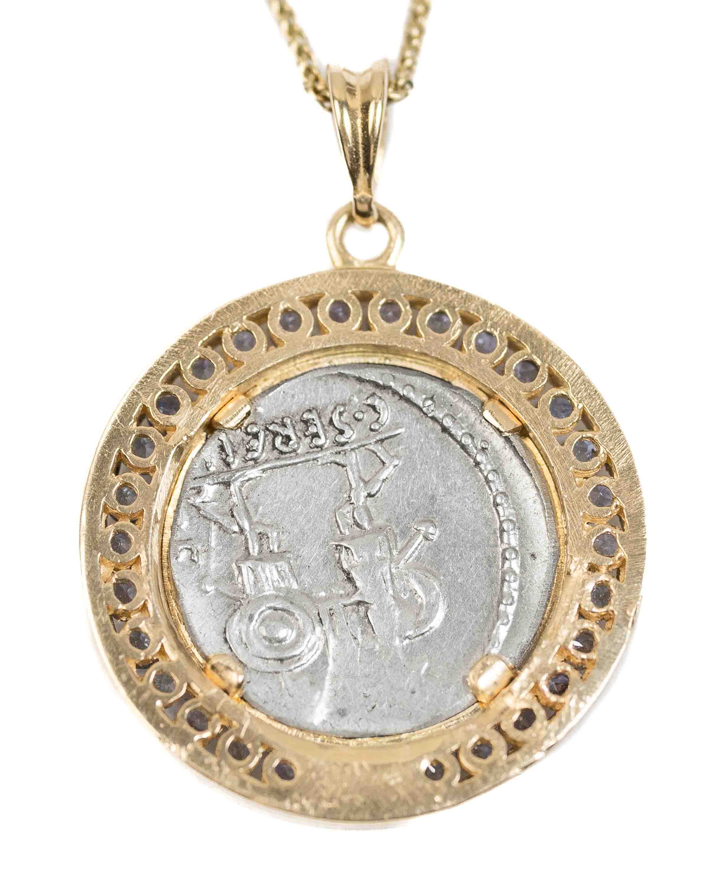 14k Gold & Tanzanite Genuine Ancient Roman Coin Necklace (Flora; 57 B.C.)