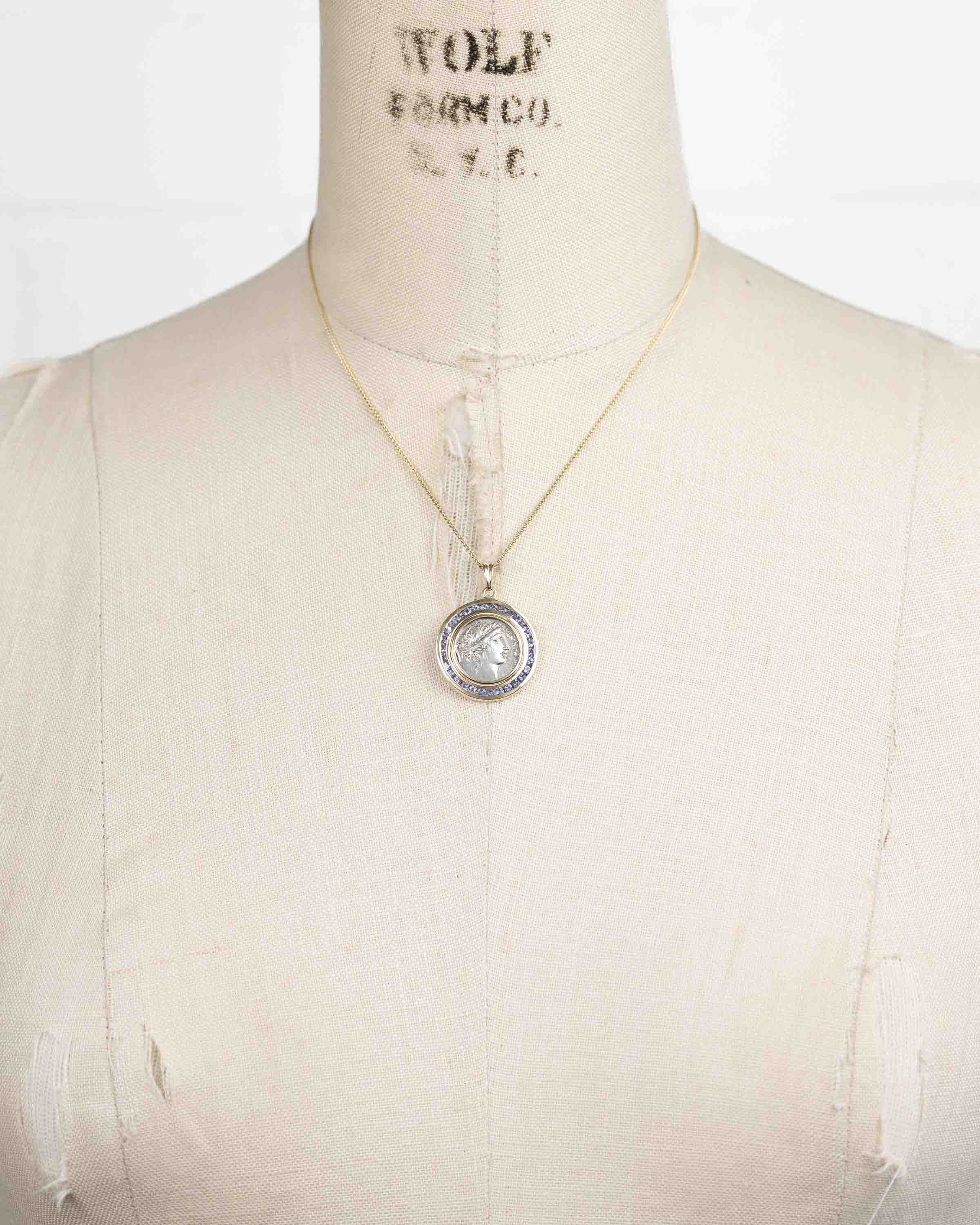 14k Gold & Tanzanite Genuine Ancient Roman Coin Necklace (Flora; 57 B.C.)