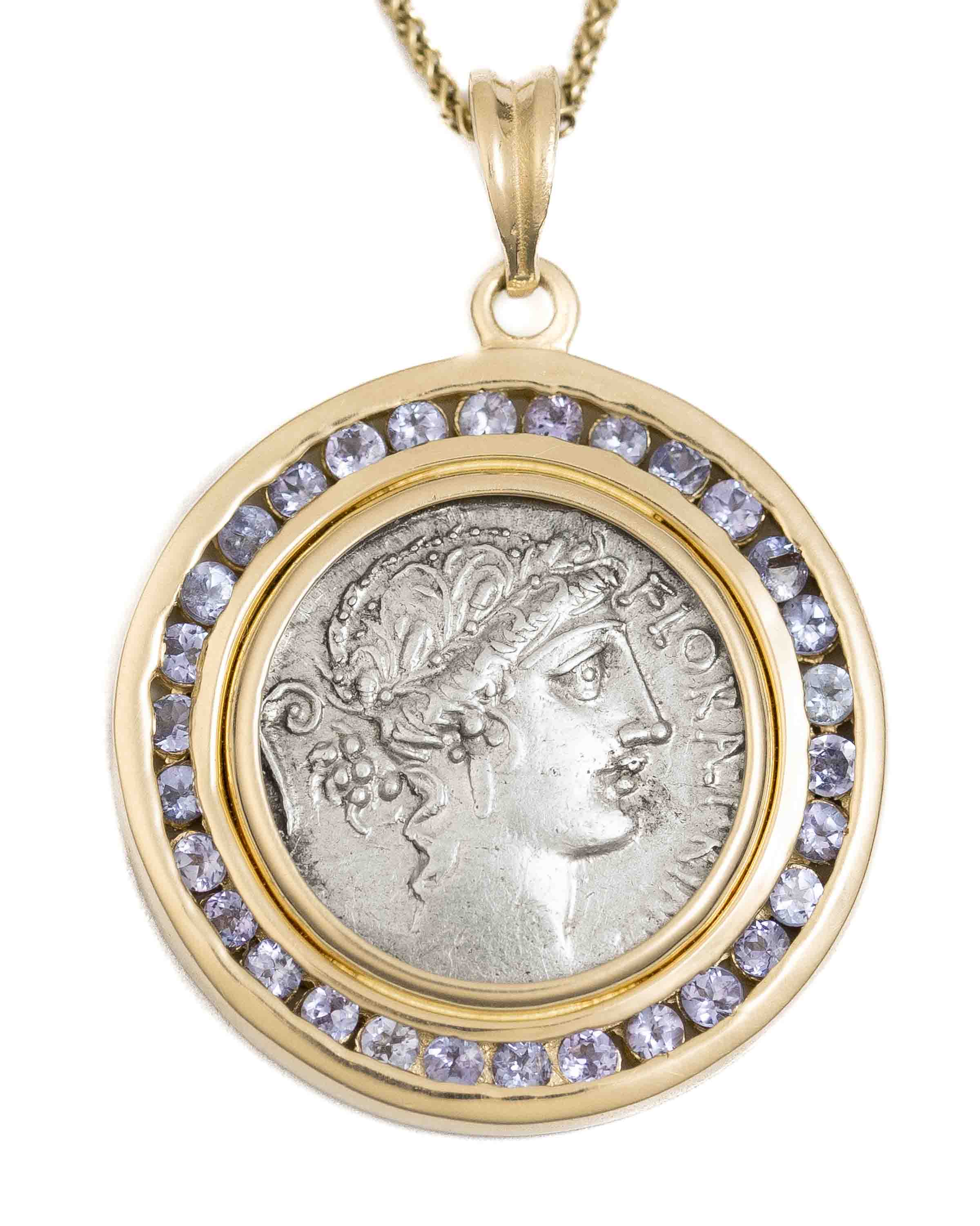 14k Gold & Tanzanite Genuine Ancient Roman Coin Necklace (Flora; 57 B.C.)