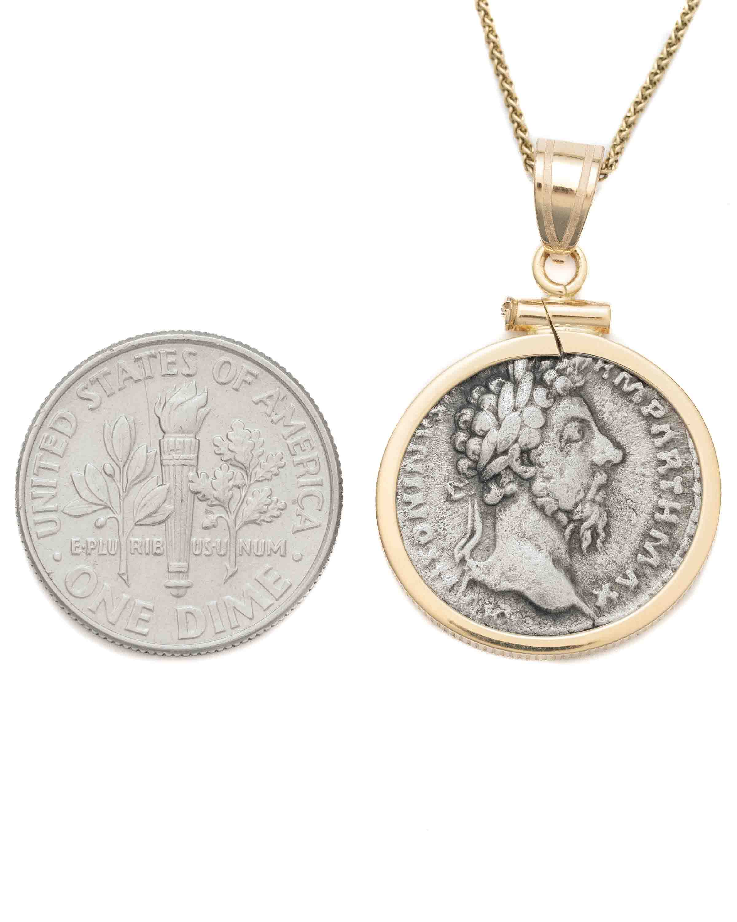 14k Gold Genuine Ancient Roman Coin Necklace (Marcus Aurelius; 161-180 A.D.)
