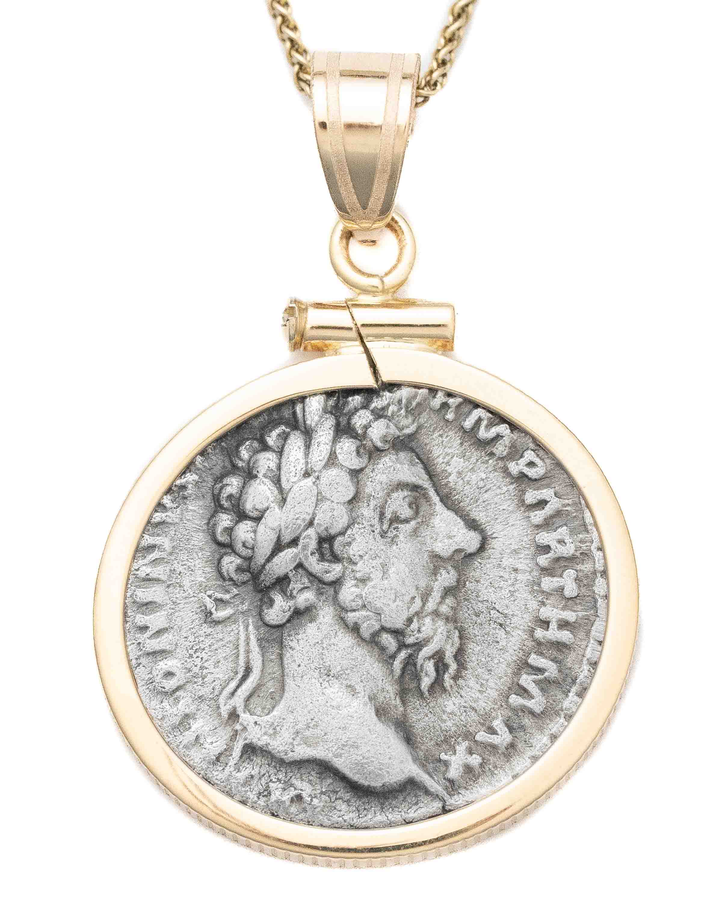 14k Gold Genuine Ancient Roman Coin Necklace (Marcus Aurelius; 161-180 A.D.)