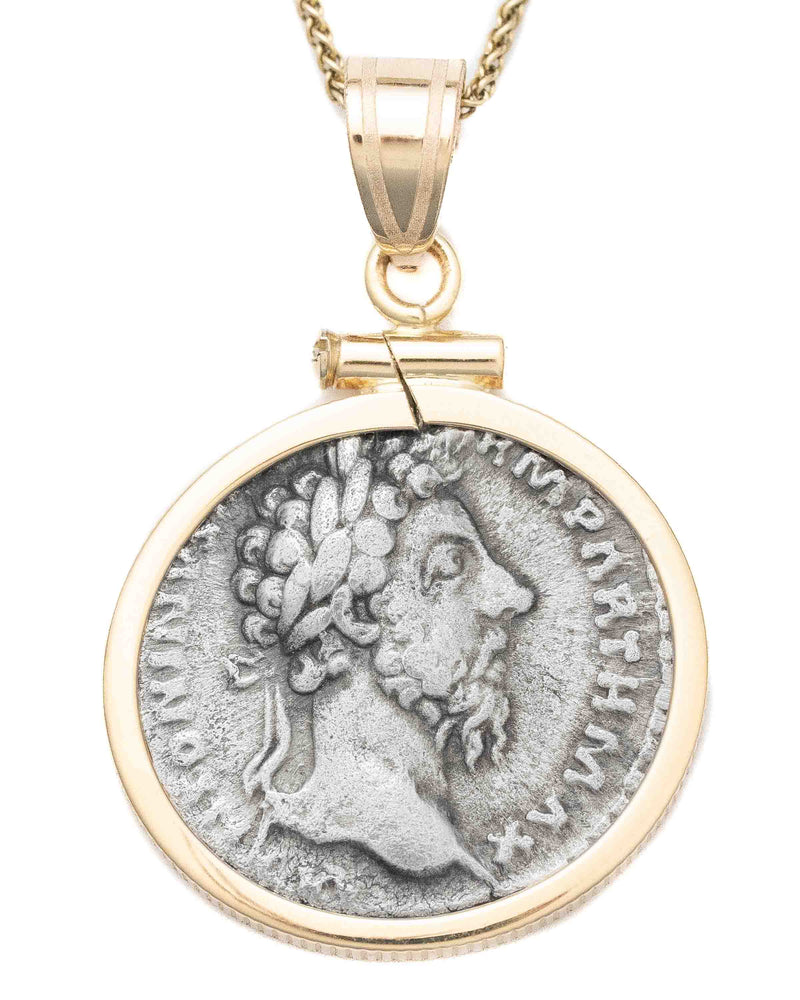 14k Gold Genuine Ancient Roman Coin Necklace (Marcus Aurelius; 161-180 A.D.)