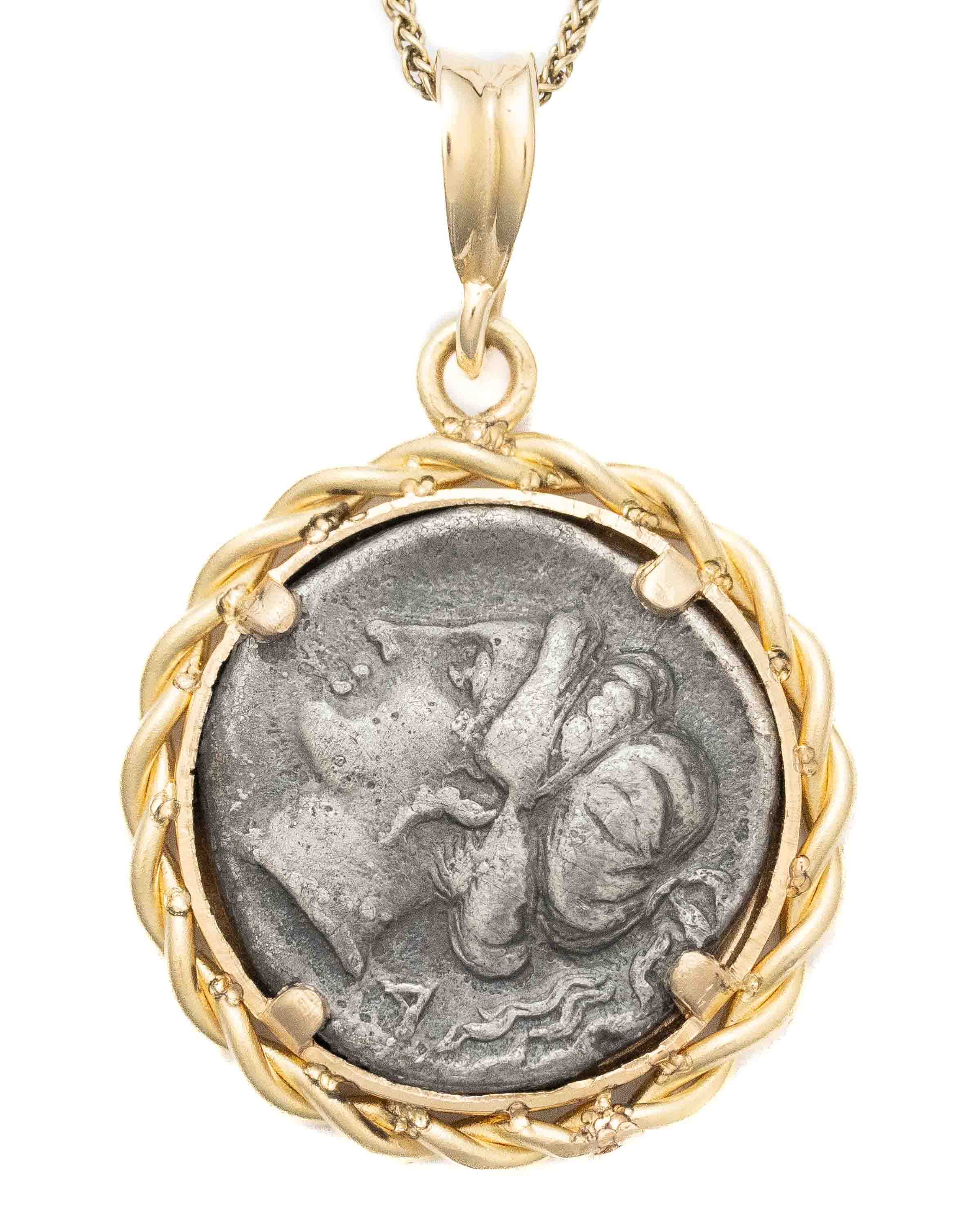 14k Gold Genuine Ancient Greek Coin Necklace (Pegasus/Aphrodite; 350-285 B.C.)