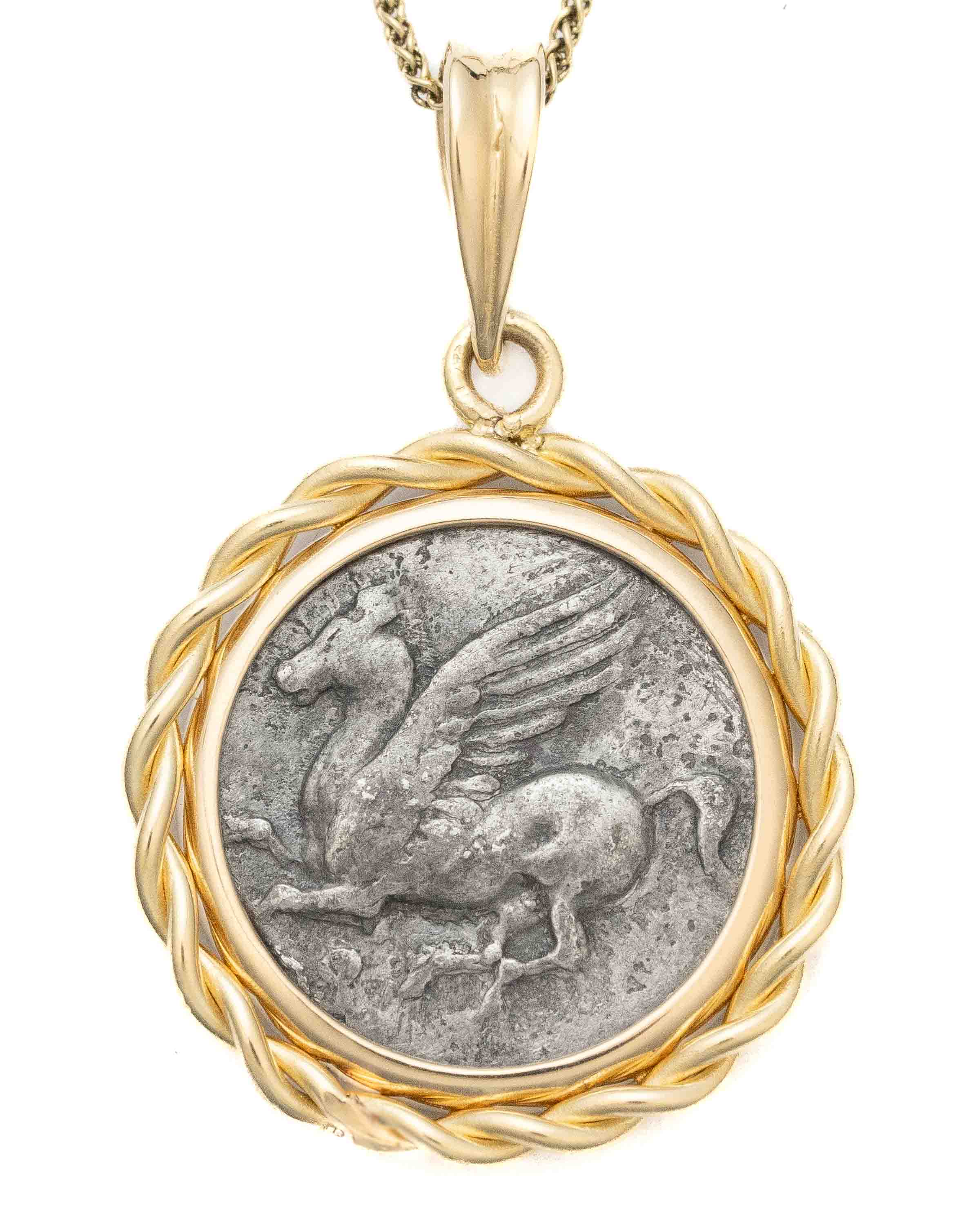 14k Gold Genuine Ancient Greek Coin Necklace (Pegasus/Aphrodite; 350-285 B.C.)