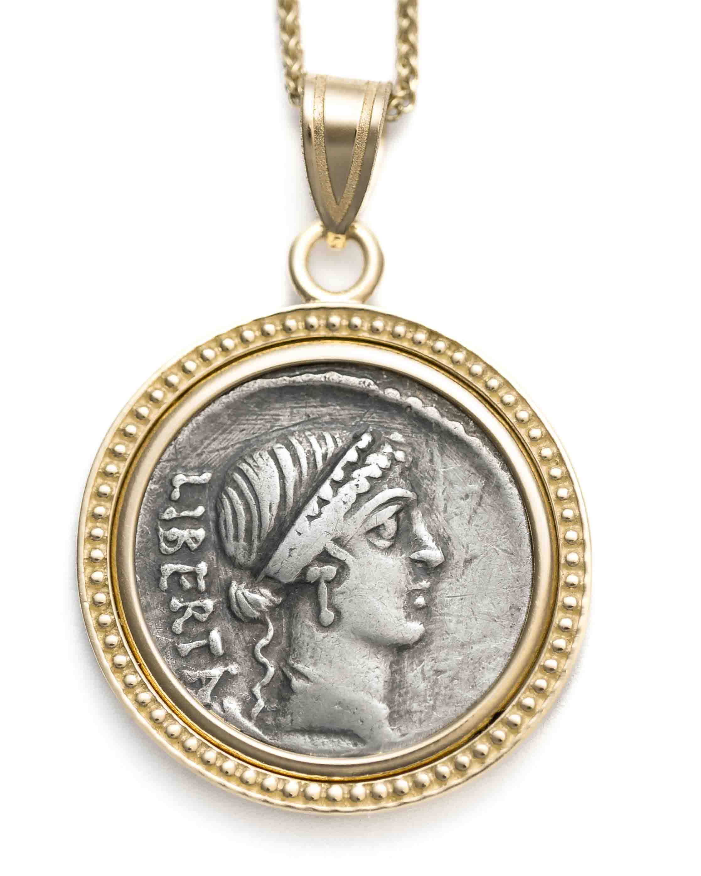 14k Gold Genuine Ancient Roman Coin Necklace (Libertas; 45 B.C.)