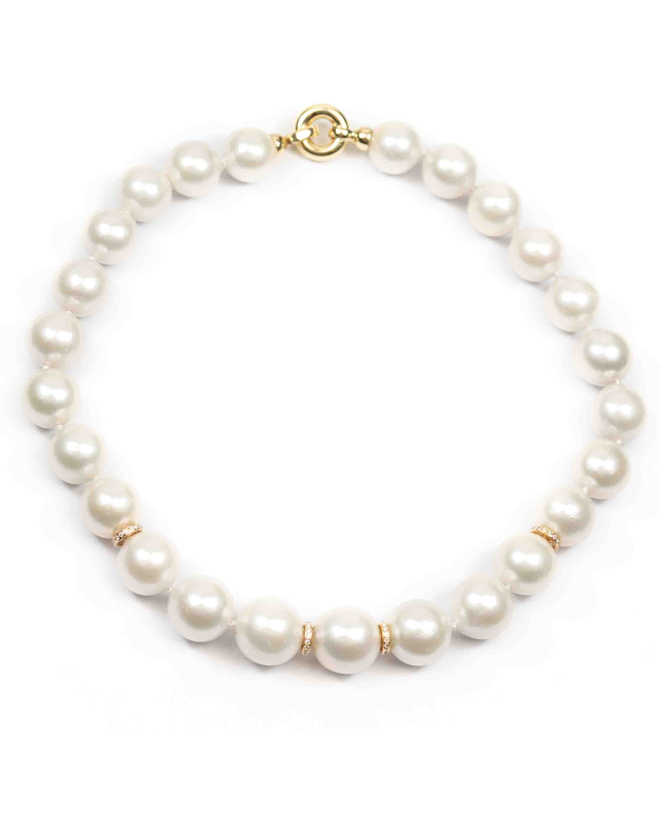14k Gold & Diamond AAA Natural Freshwater 15mm White Pearl Necklace