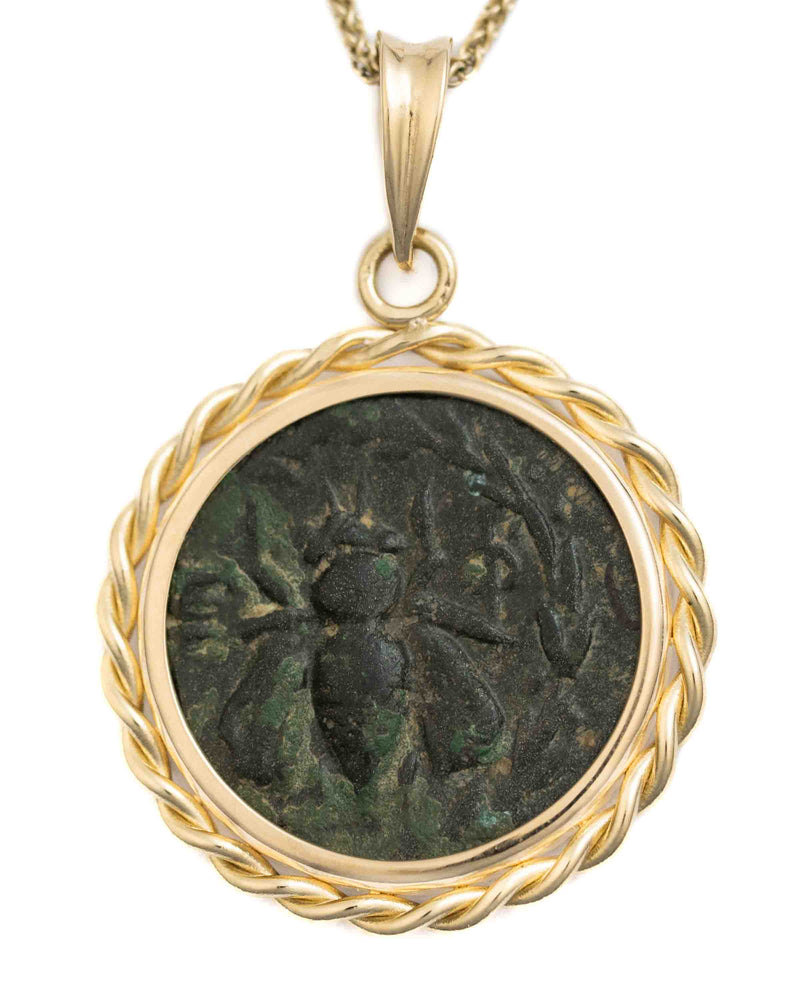 14k Gold Genuine Ancient Greek Coin Necklace (Artemis Bee; 390-300 B.C.)