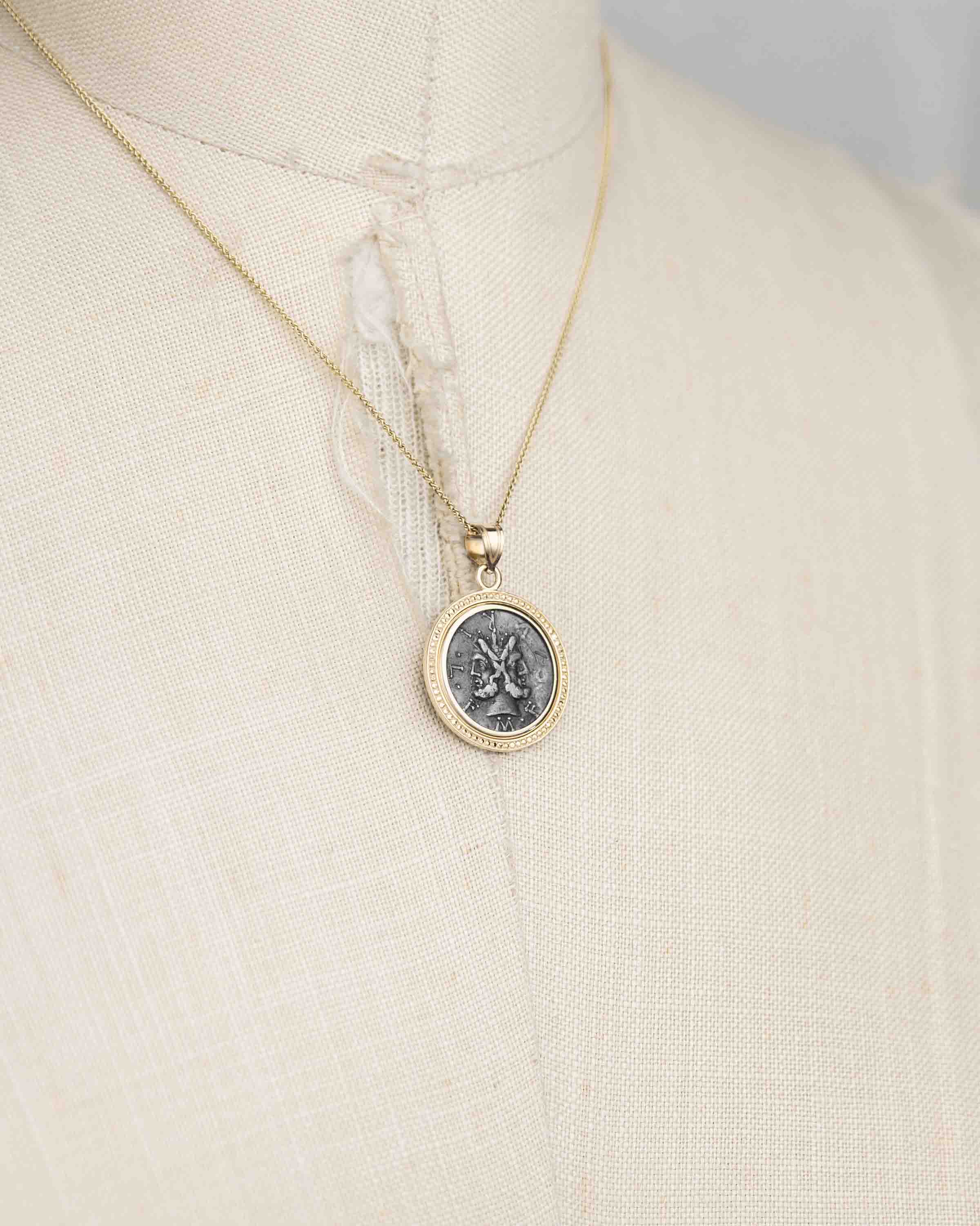14k Gold Genuine Ancient Roman Coin Necklace (Janus; 119 B.C.)