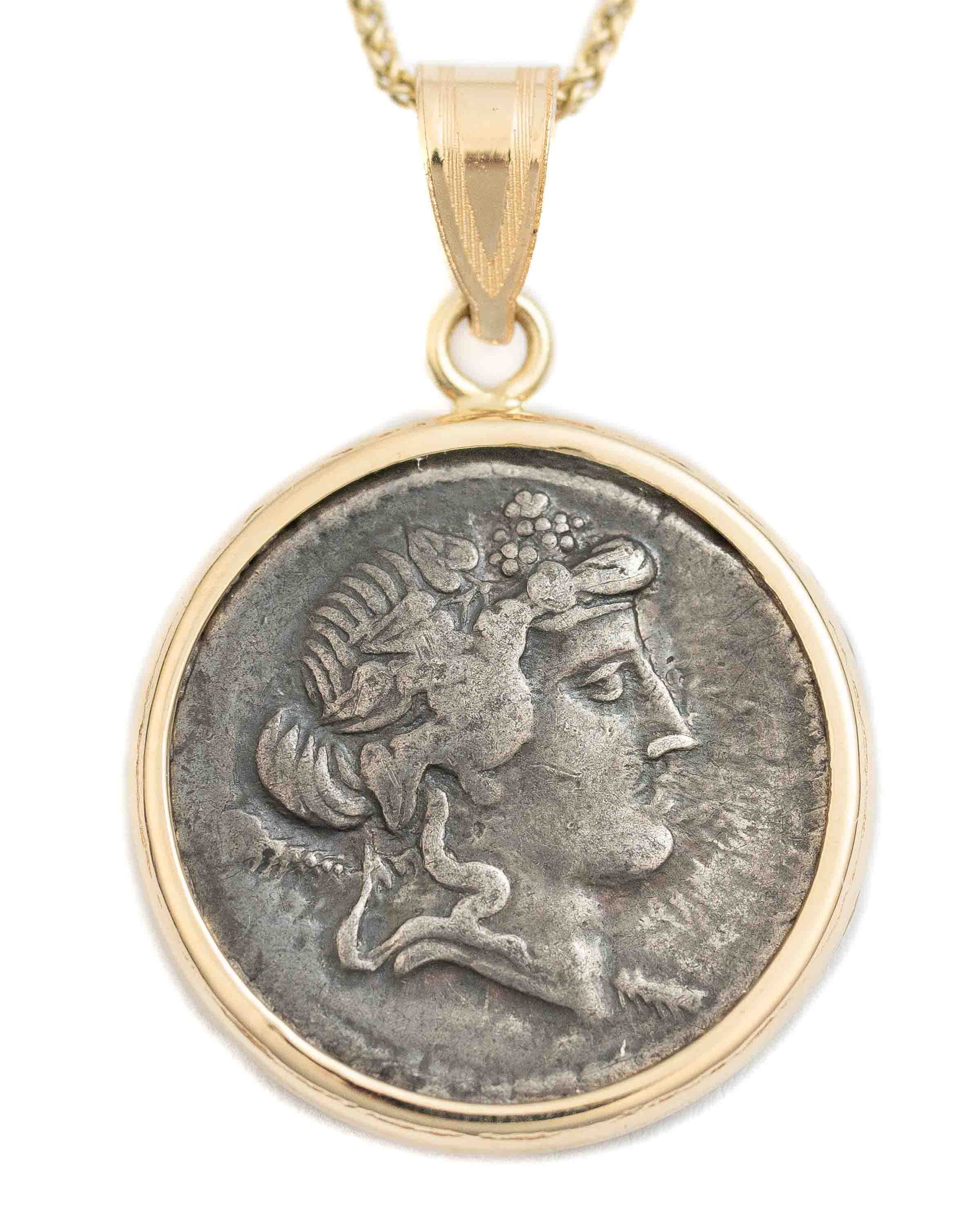 14k Gold Genuine Ancient Roman Coin Necklace (Liber/Dionysus; 78-75 B.C.)