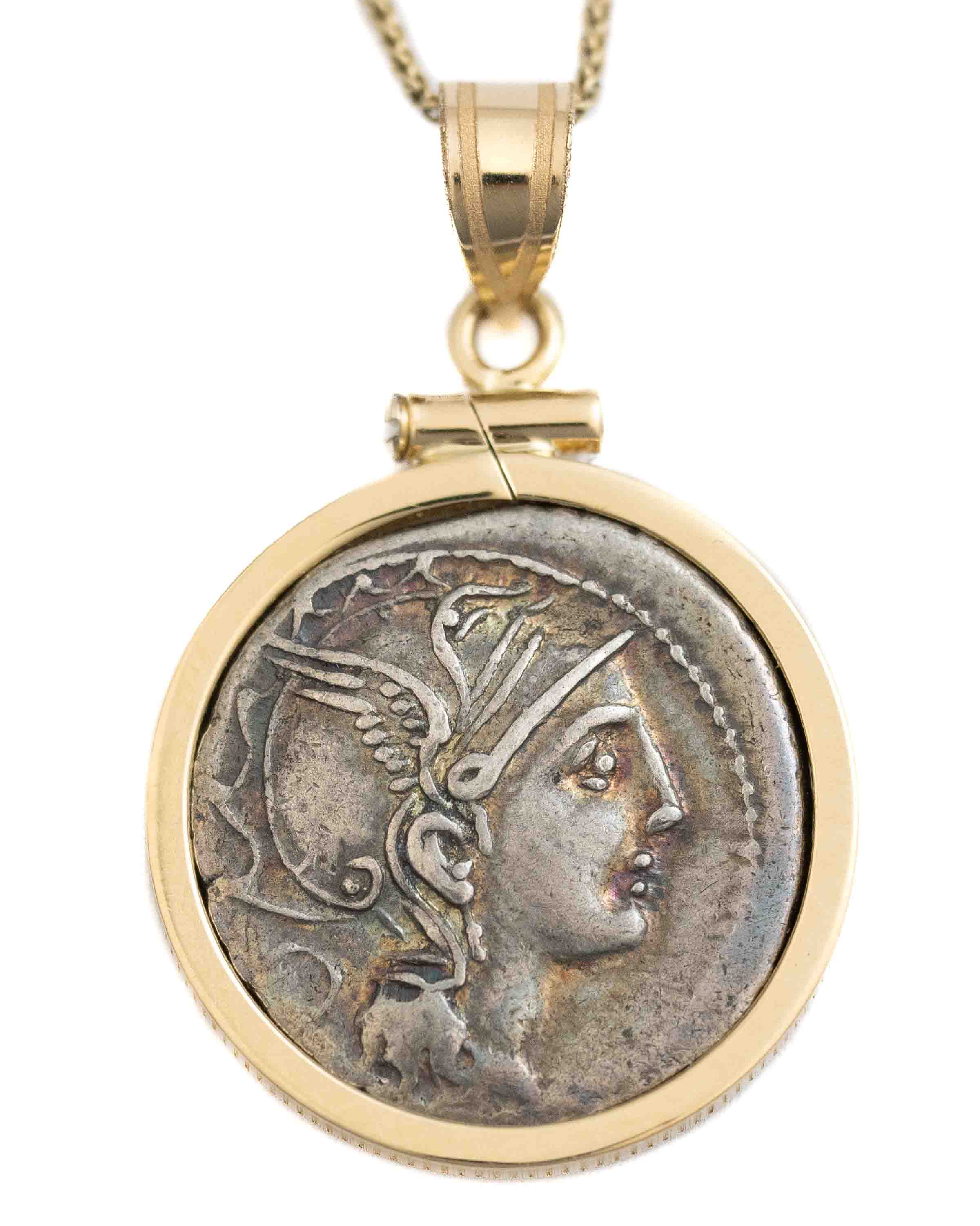 14k Gold Genuine Ancient Roman Coin Necklace (Roma; 111-110 B.C.)