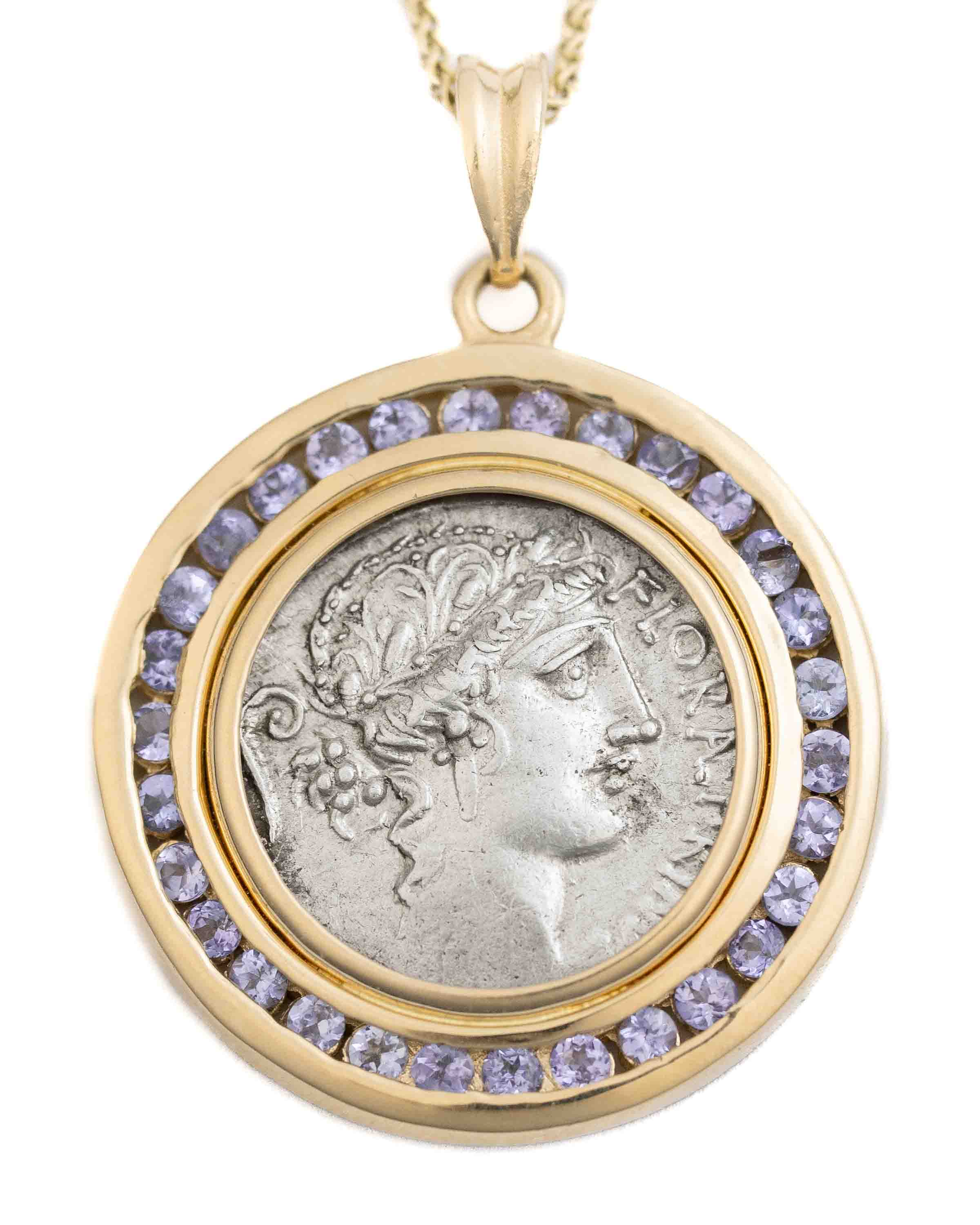 14k Gold & Tanzanite Genuine Ancient Roman Coin Necklace (Flora; 57 B.C.)