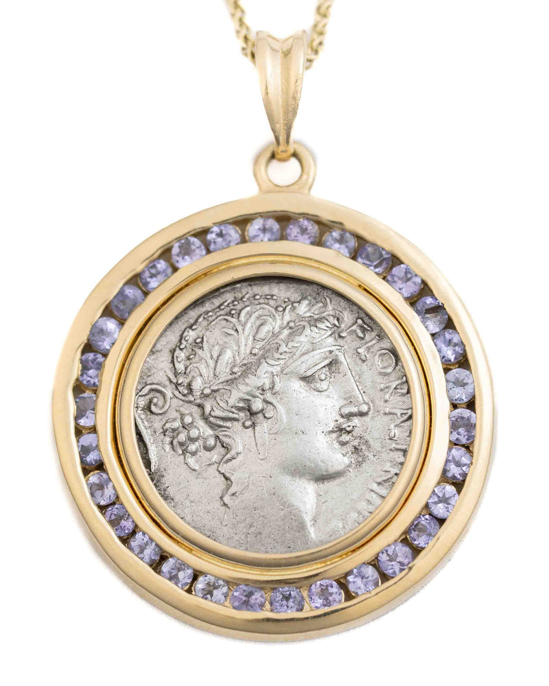 14k Gold & Tanzanite Genuine Ancient Roman Coin Necklace (Flora; 57 B.C.)