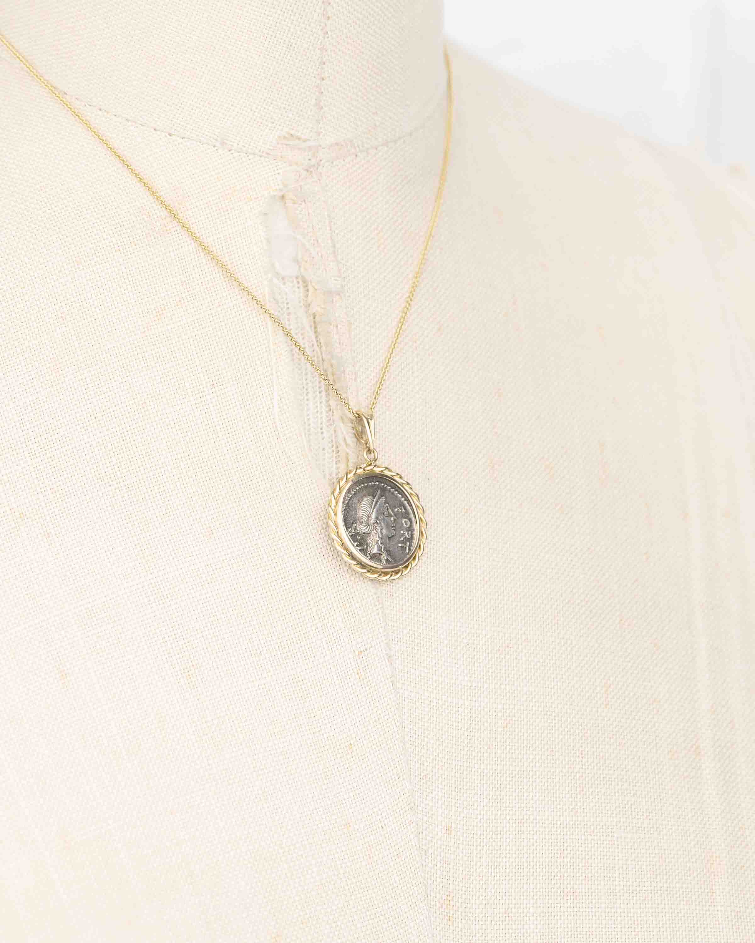 14k Gold Genuine Ancient Roman Coin Necklace (Fortuna; 49 B.C.)