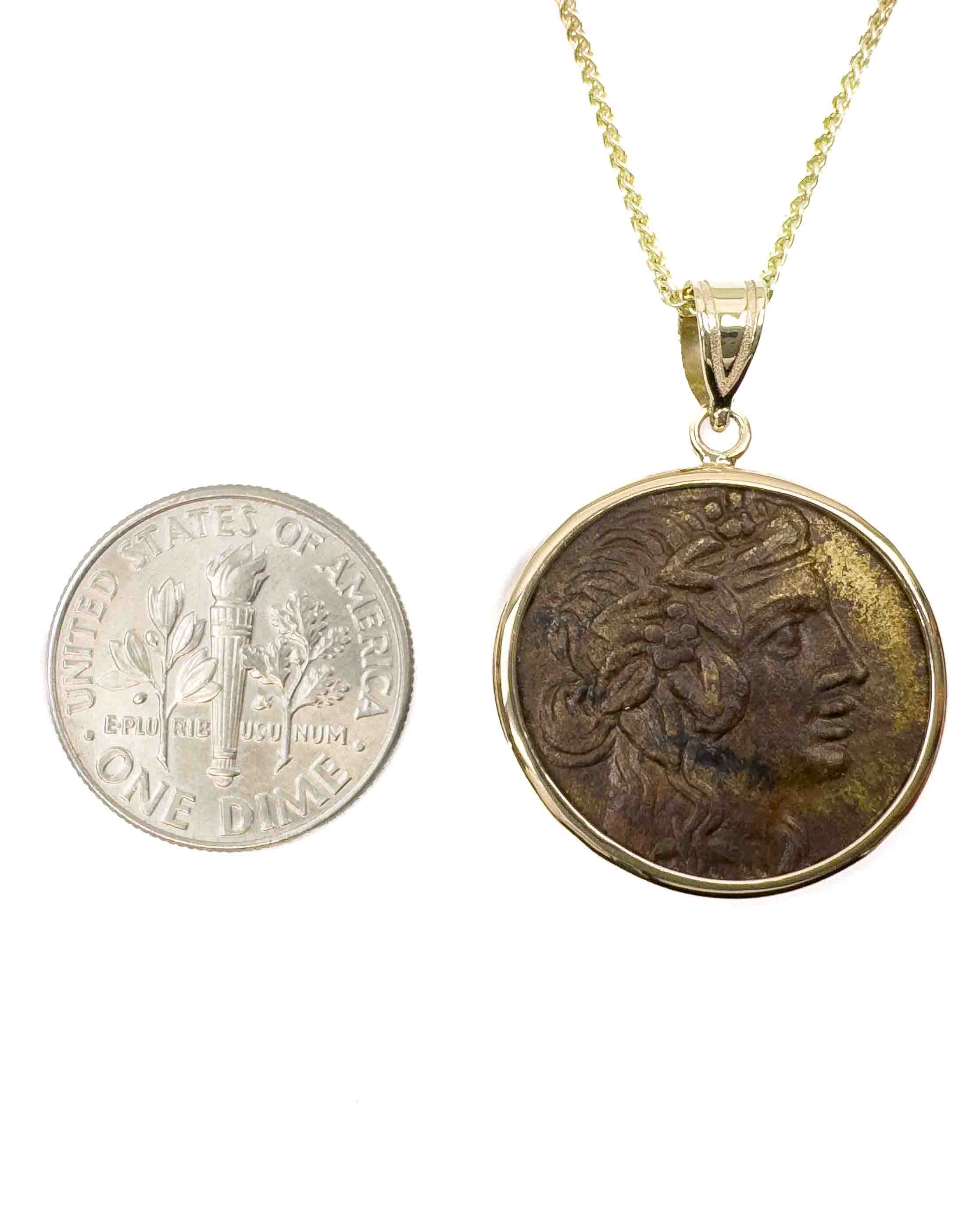 14k Gold Genuine Ancient Greek Coin Pendant Necklace (Dionysus; 120-63 B.C.)