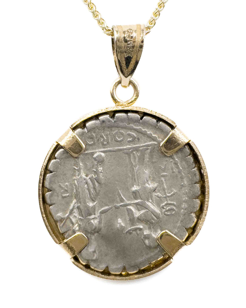 14k Gold Genuine Ancient Roman Coin Pendant Necklace (Honos & Virtus; 68 B.C.)