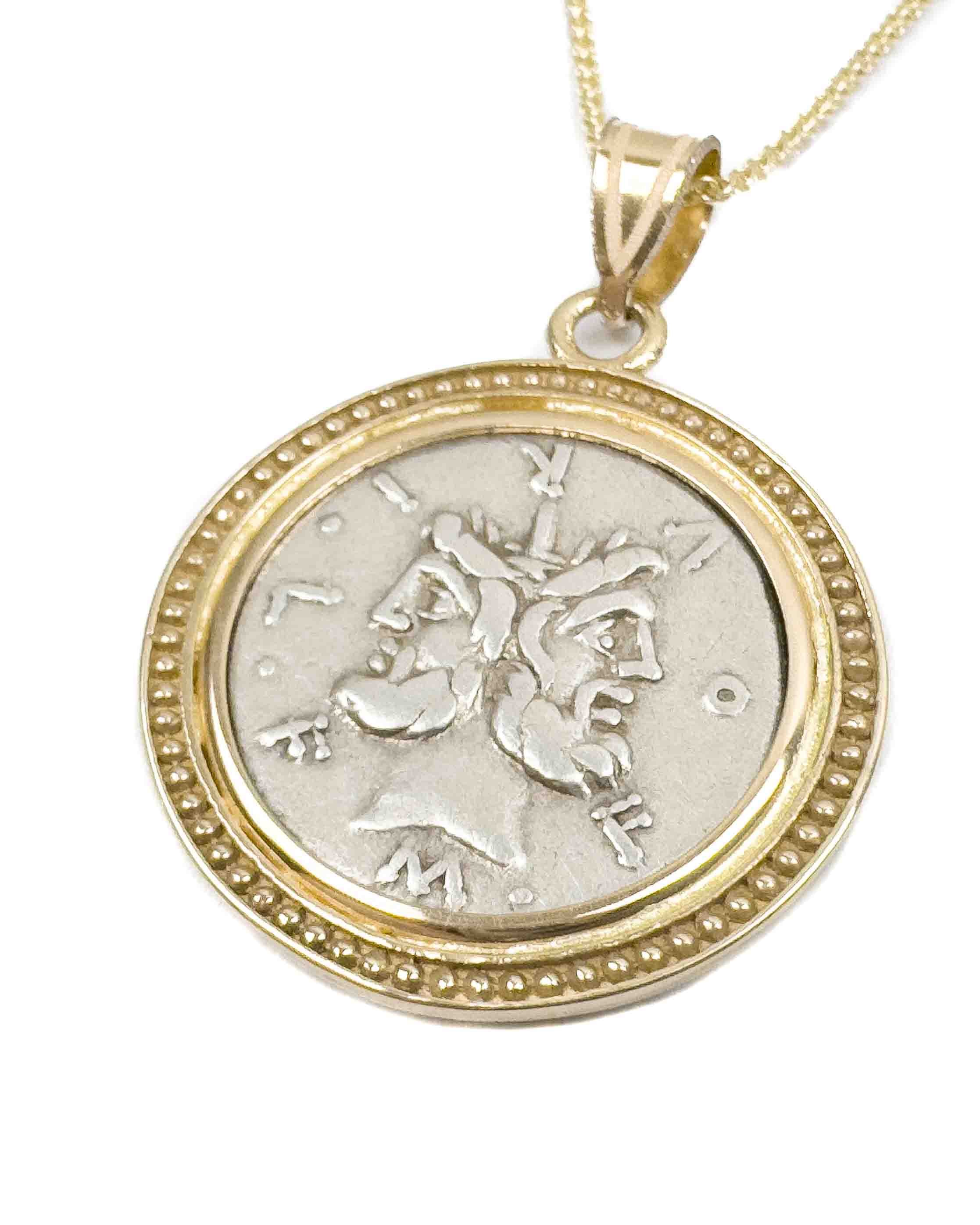 14k Gold Genuine Ancient Roman Coin Necklace (Janus; 119 B.C.)
