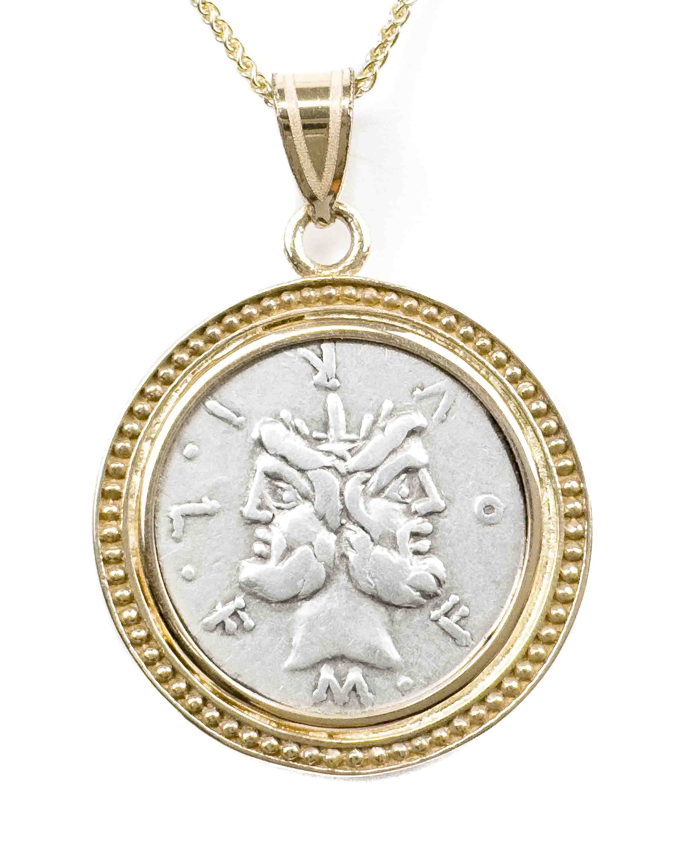 14k Gold Genuine Ancient Roman Coin Necklace (Janus; 119 B.C.)
