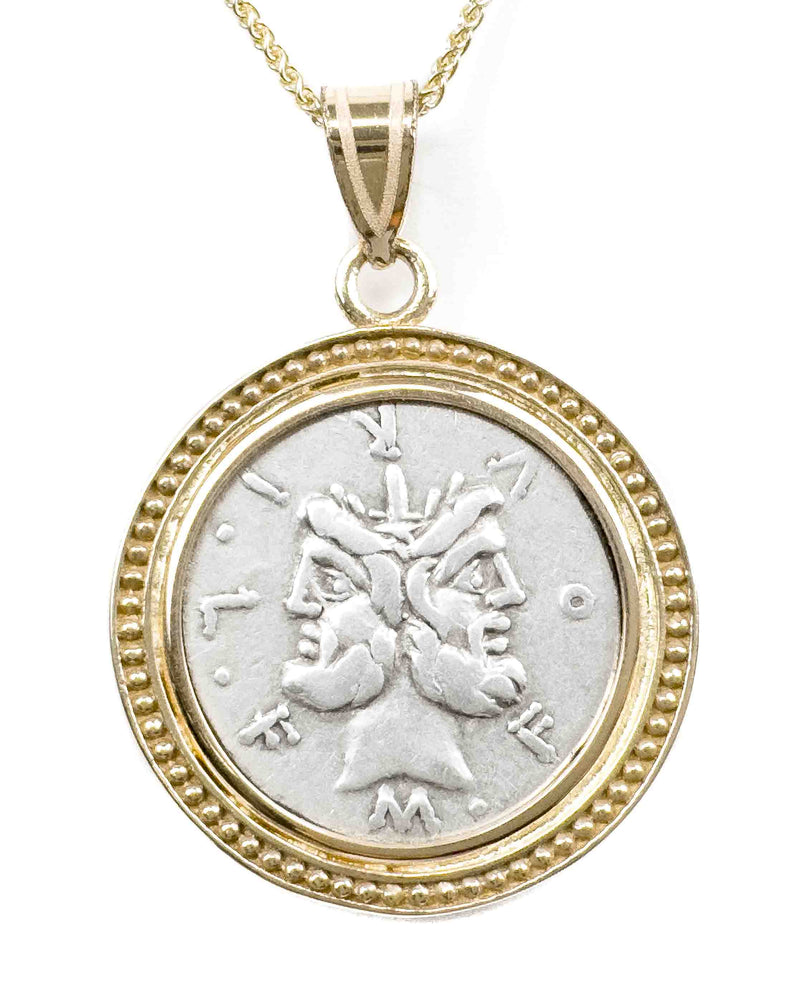 14k Gold Genuine Ancient Roman Coin Necklace (Janus; 119 B.C.)
