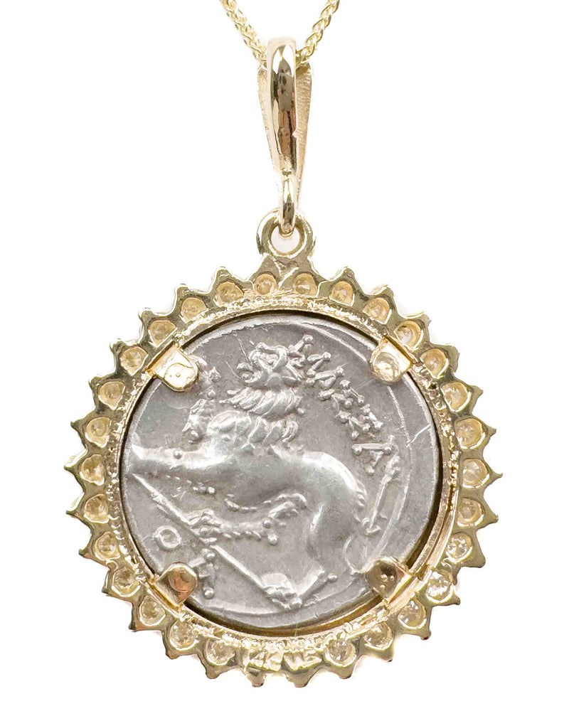 14k Gold & Diamond Genuine Ancient Greek Coin Necklace (Artemis; 125-90 B.C.)