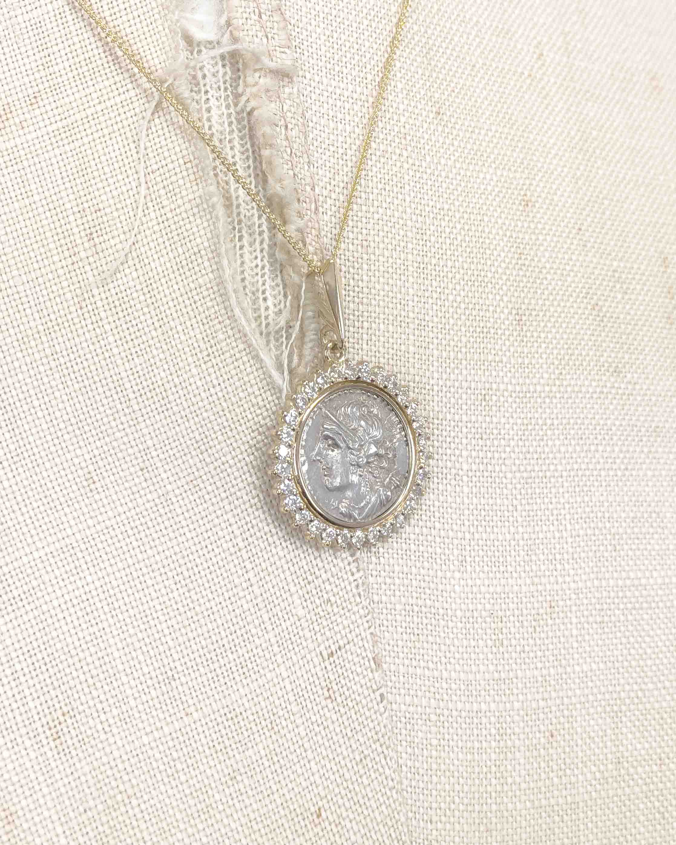 14k Gold & Diamond Genuine Ancient Greek Coin Necklace (Artemis