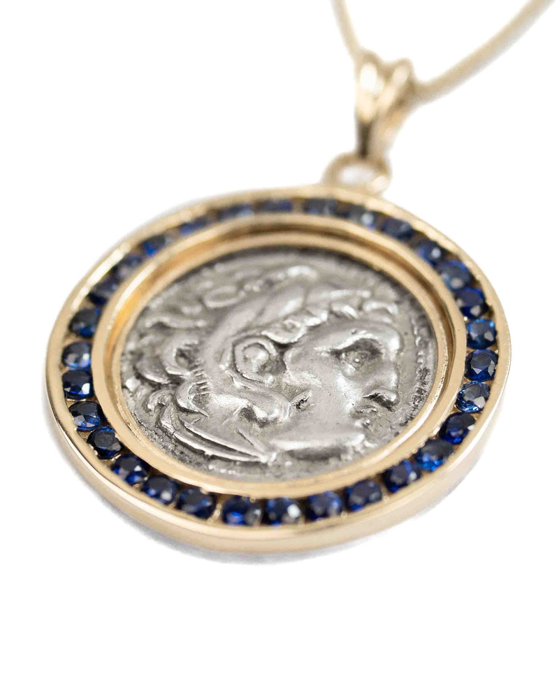 14k Gold & Sapphire Genuine Ancient Greek Coin Necklace (Alexander; 336-323 B.C.)
