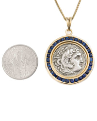 14k Gold & Sapphire Genuine Ancient Greek Coin Necklace (Alexander; 336-323 B.C.)