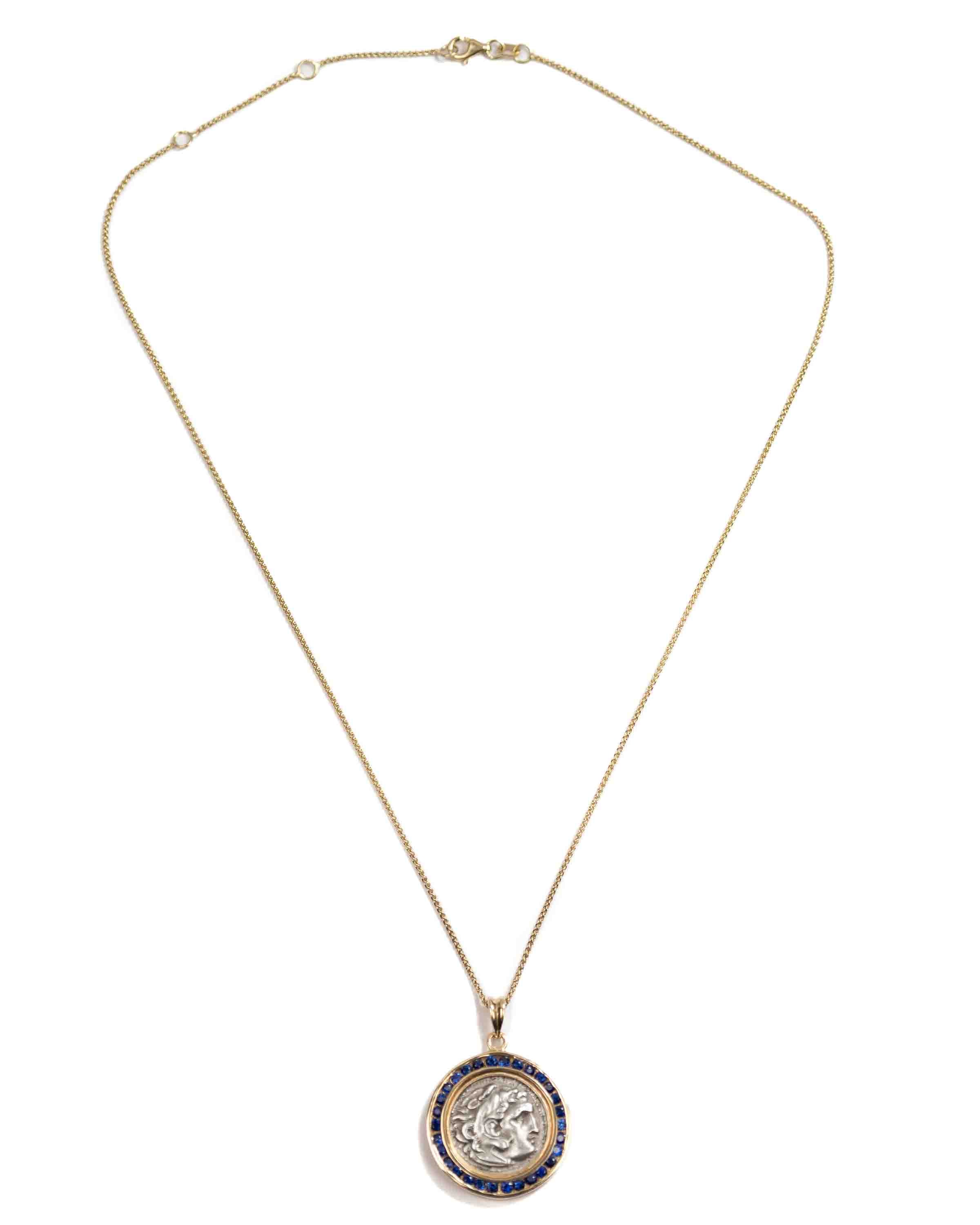 14k Gold & Sapphire Genuine Ancient Greek Coin Necklace (Alexander; 336-323 B.C.)