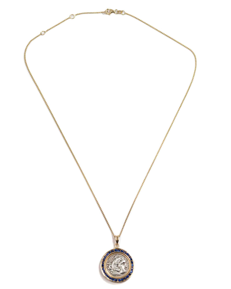 14k Gold & Sapphire Genuine Ancient Greek Coin Necklace (Alexander; 336-323 B.C.)