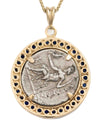 14k Gold & Sapphire Genuine Ancient Greek Coin Necklace (Alexander; 336-323 B.C.)