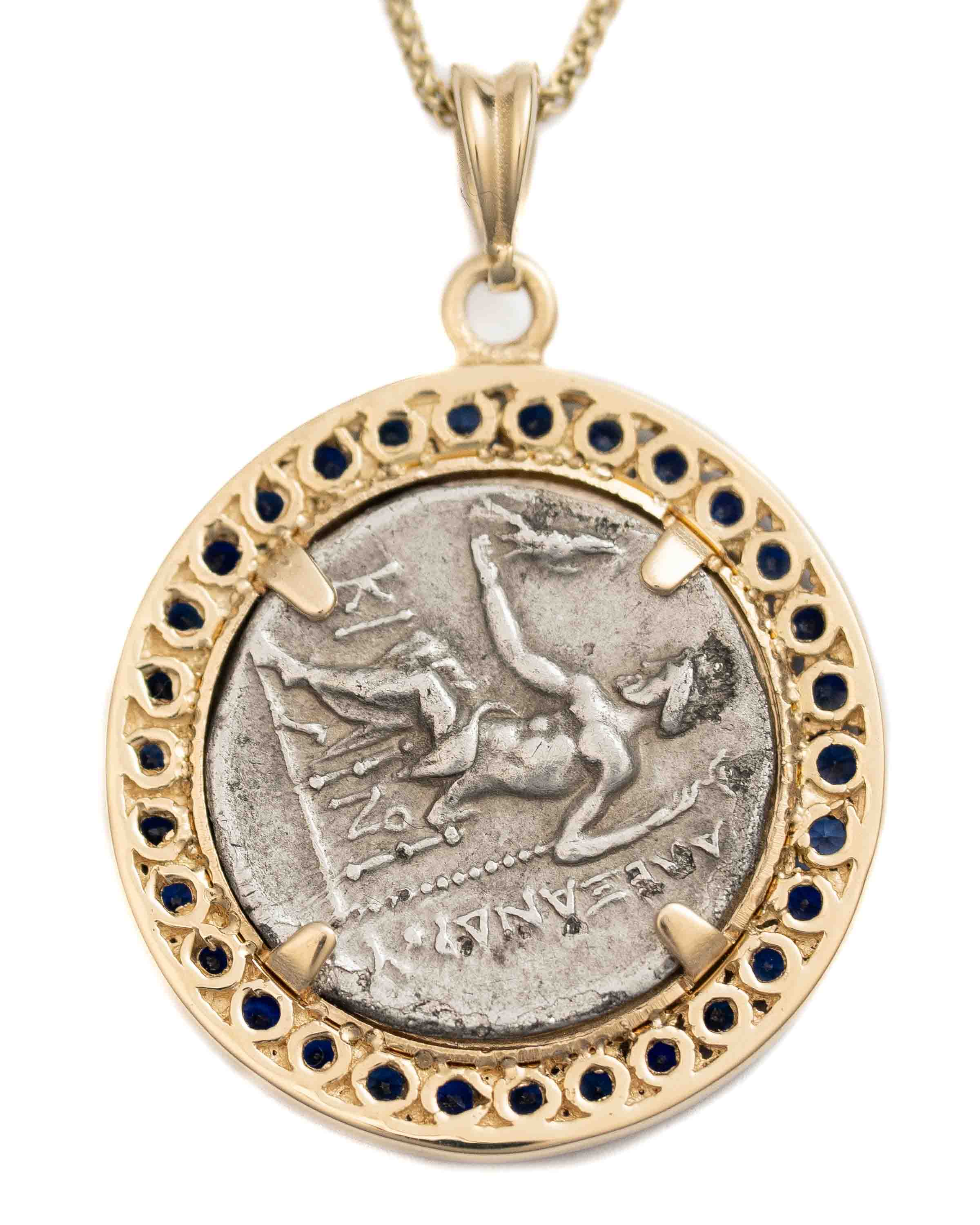 14k Gold & Sapphire Genuine Ancient Greek Coin Necklace (Alexander; 336-323 B.C.)