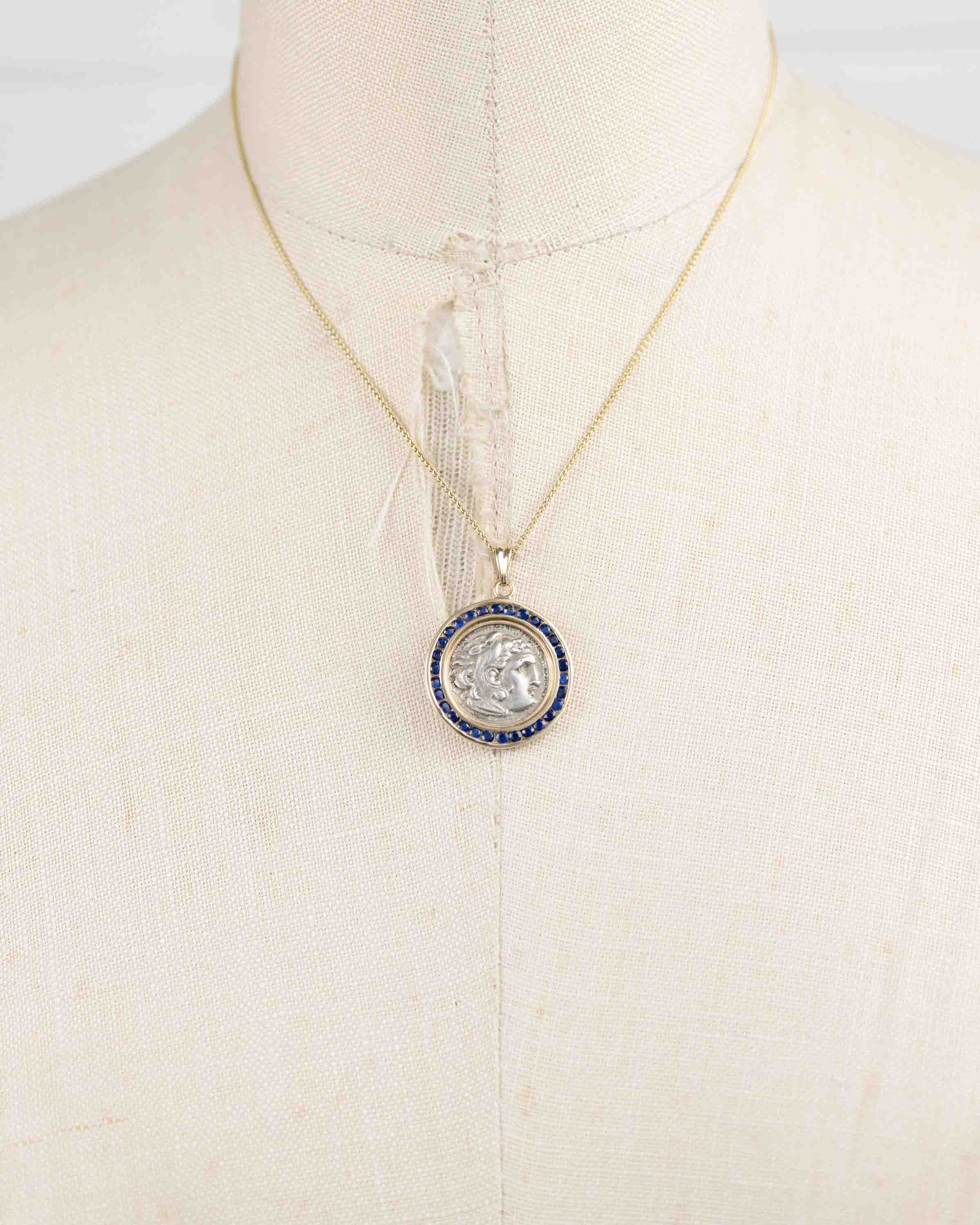 14k Gold & Sapphire Genuine Ancient Greek Coin Necklace (Alexander; 336-323 B.C.)