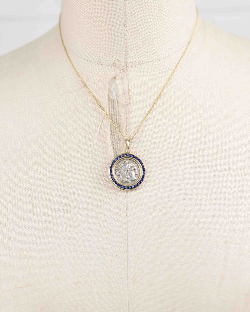 14k Gold & Sapphire Genuine Ancient Greek Coin Necklace (Alexander; 336-323 B.C.)