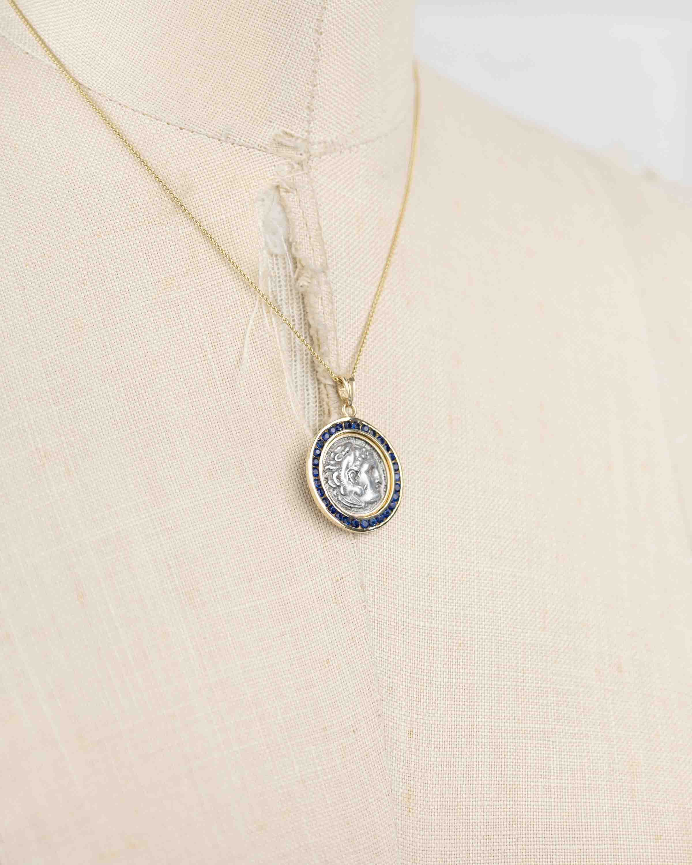 14k Gold & Sapphire Genuine Ancient Greek Coin Necklace (Alexander; 336-323 B.C.)