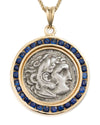 14k Gold & Sapphire Genuine Ancient Greek Coin Necklace (Alexander; 336-323 B.C.)