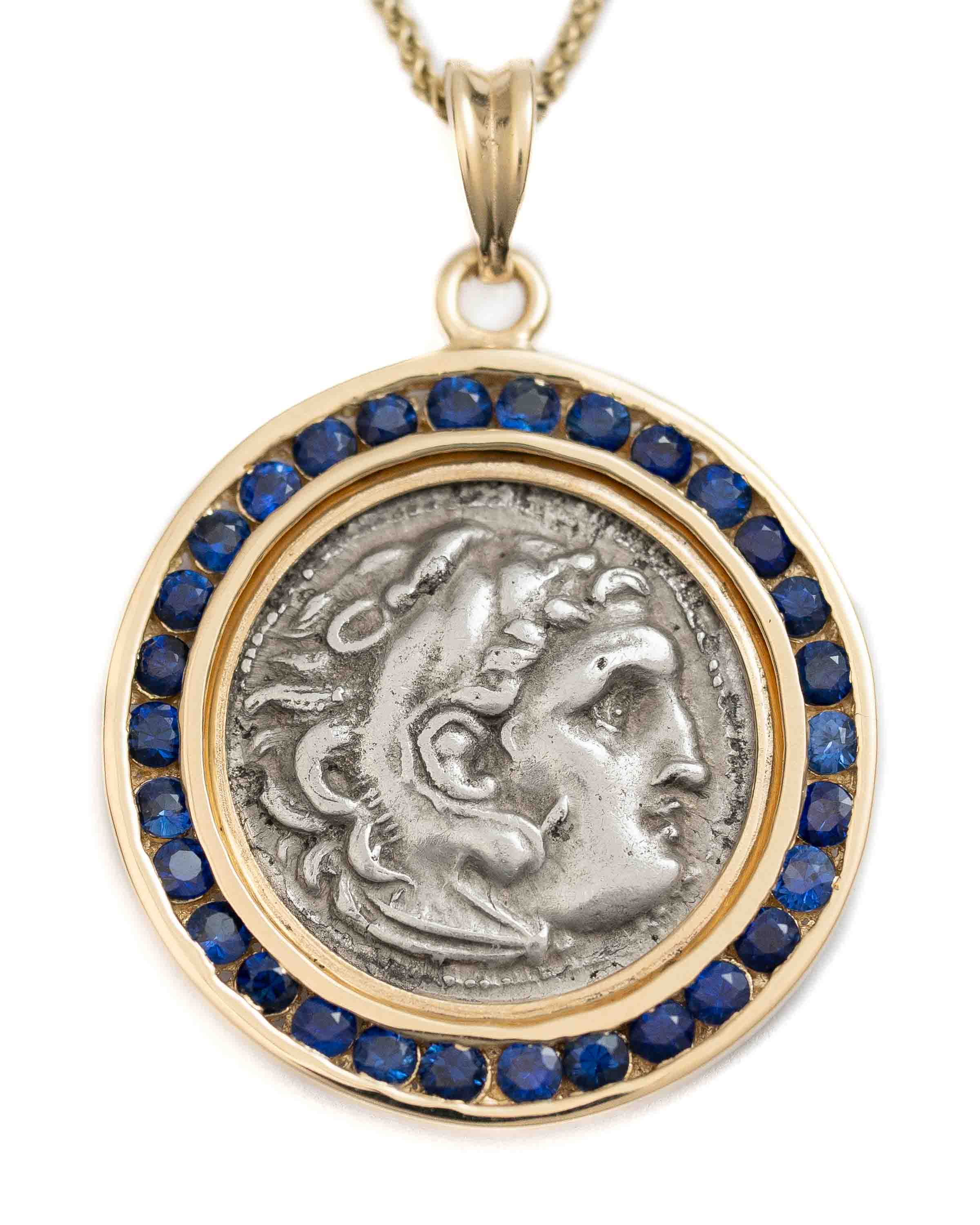 14k Gold & Sapphire Genuine Ancient Greek Coin Necklace (Alexander; 336-323 B.C.)