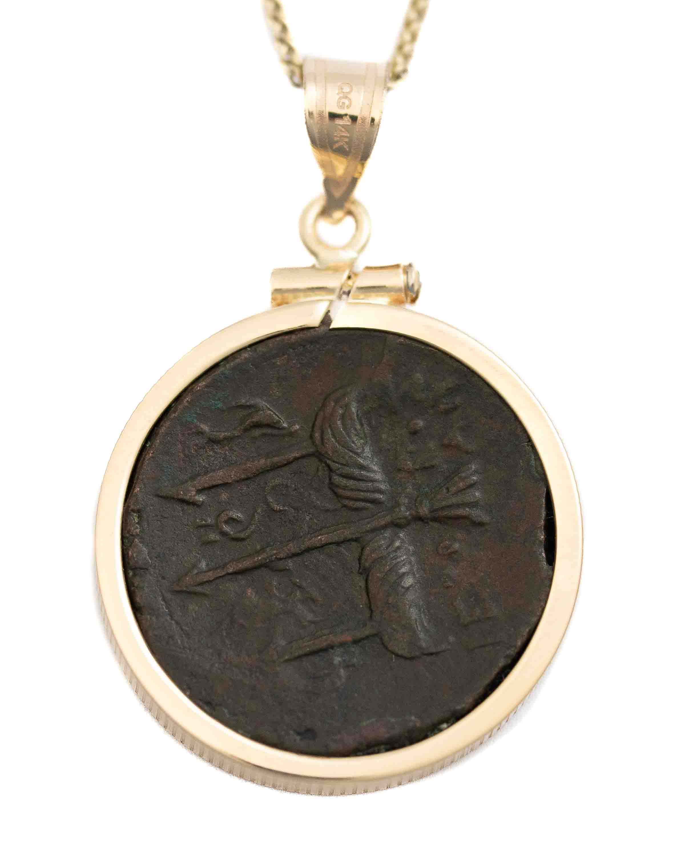 14k Gold Genuine Ancient Greek Coin Necklace (Poseidon; 275-215 B.C.)