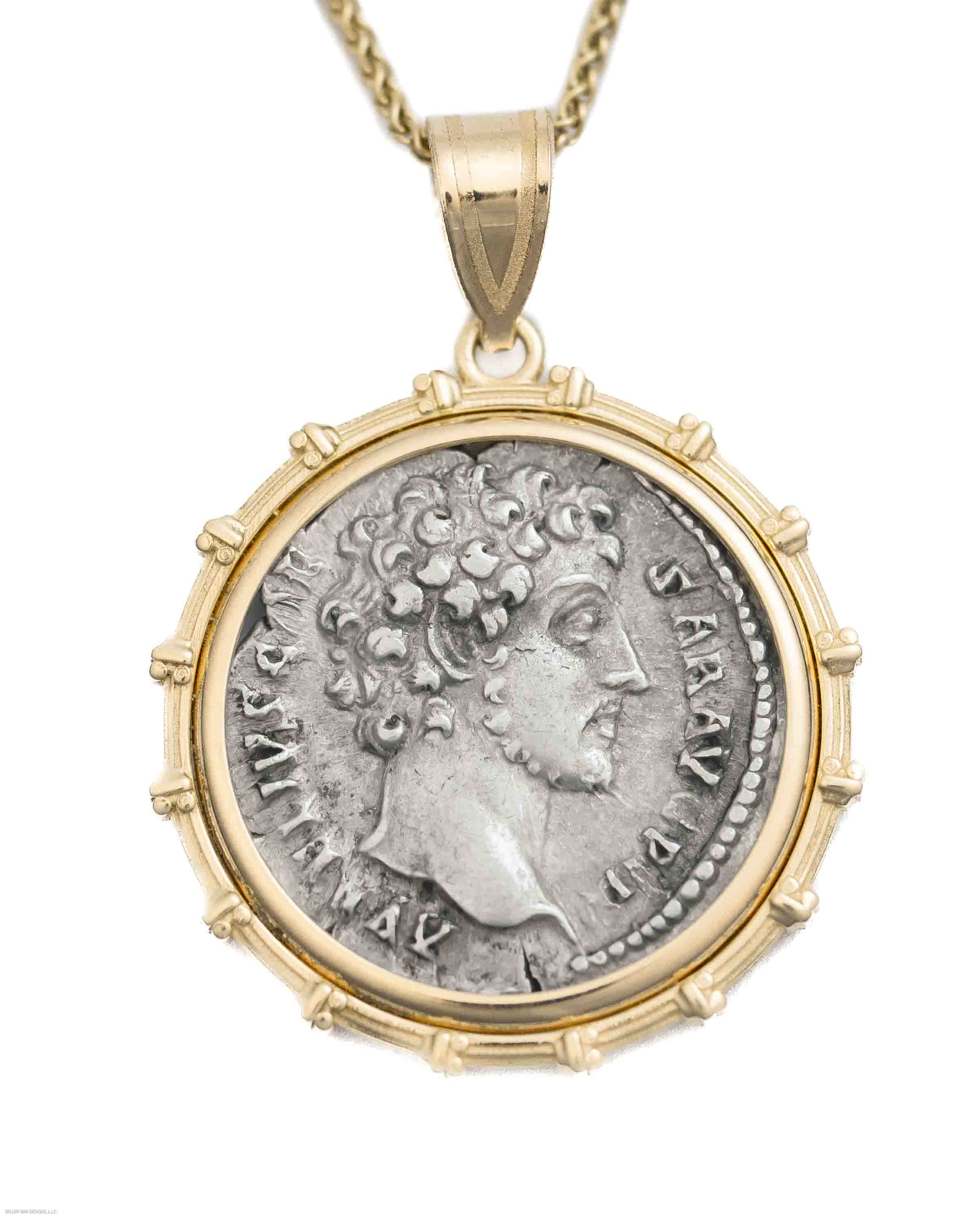 14k Gold Genuine Ancient Roman Coin Necklace (Marcus Aurelius; 161-180 A.D.)