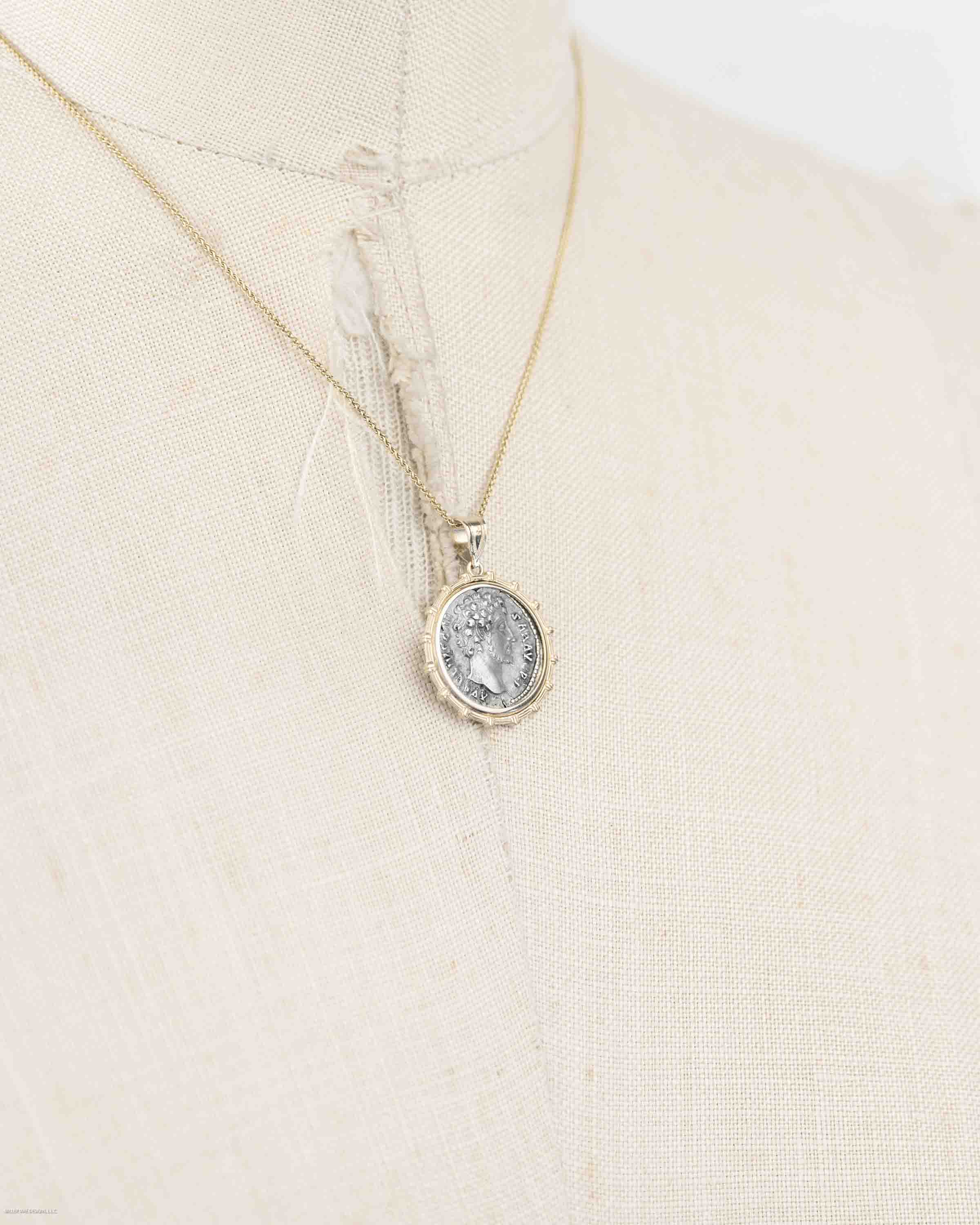 14k Gold Genuine Ancient Roman Coin Necklace (Marcus Aurelius; 161-180 A.D.)