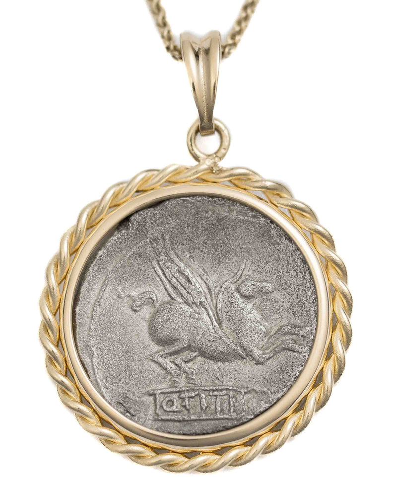 14k Gold Genuine Ancient Roman Coin Necklace (Bacchus/Pegasus; 90 B.C.)