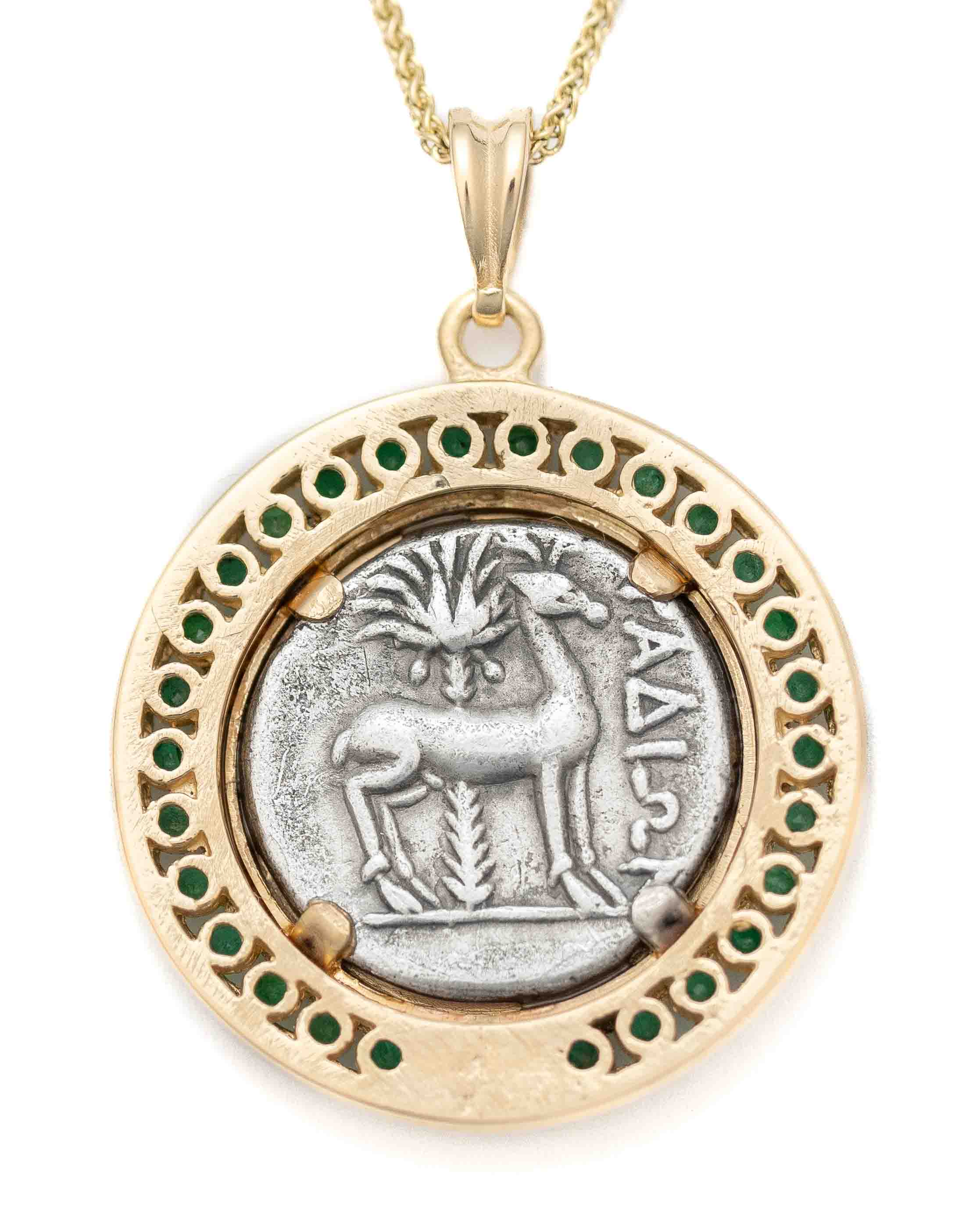 14k Gold & Natural Emerald Genuine Ancient Greek Coin Necklace (Artemis Bee; 172-111 B.C.)