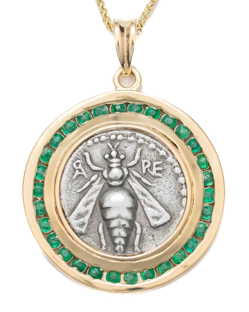 14k Gold & Natural Emerald Genuine Ancient Greek Coin Necklace (Artemis Bee; 172-111 B.C.)