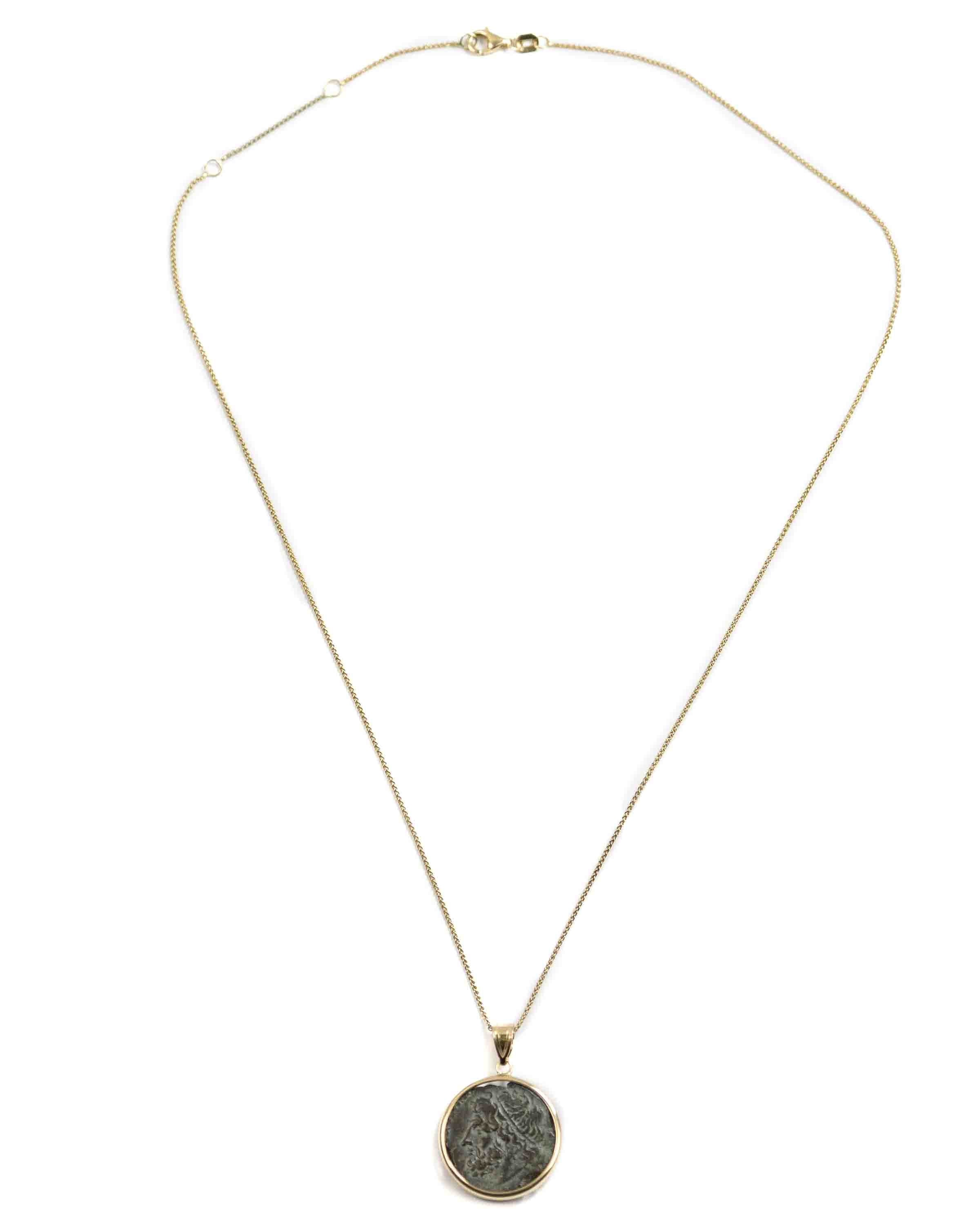 14k Gold Genuine Ancient Greek Coin Necklace (Poseidon; 275-215 B.C.)