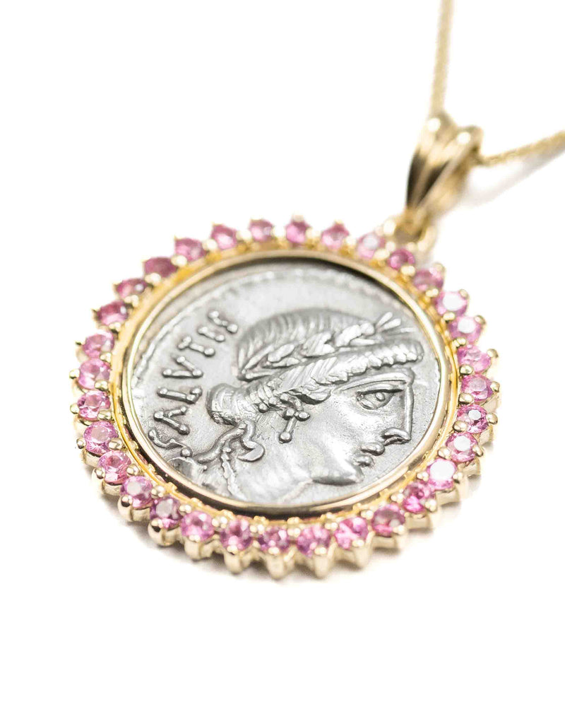 14k Gold & Pink Sapphire Genuine Ancient Roman Coin Necklace (Salus; 49 B.C.)