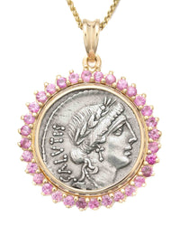 14k Gold & Pink Sapphire Genuine Ancient Roman Coin Necklace (Salus; 49 B.C.)