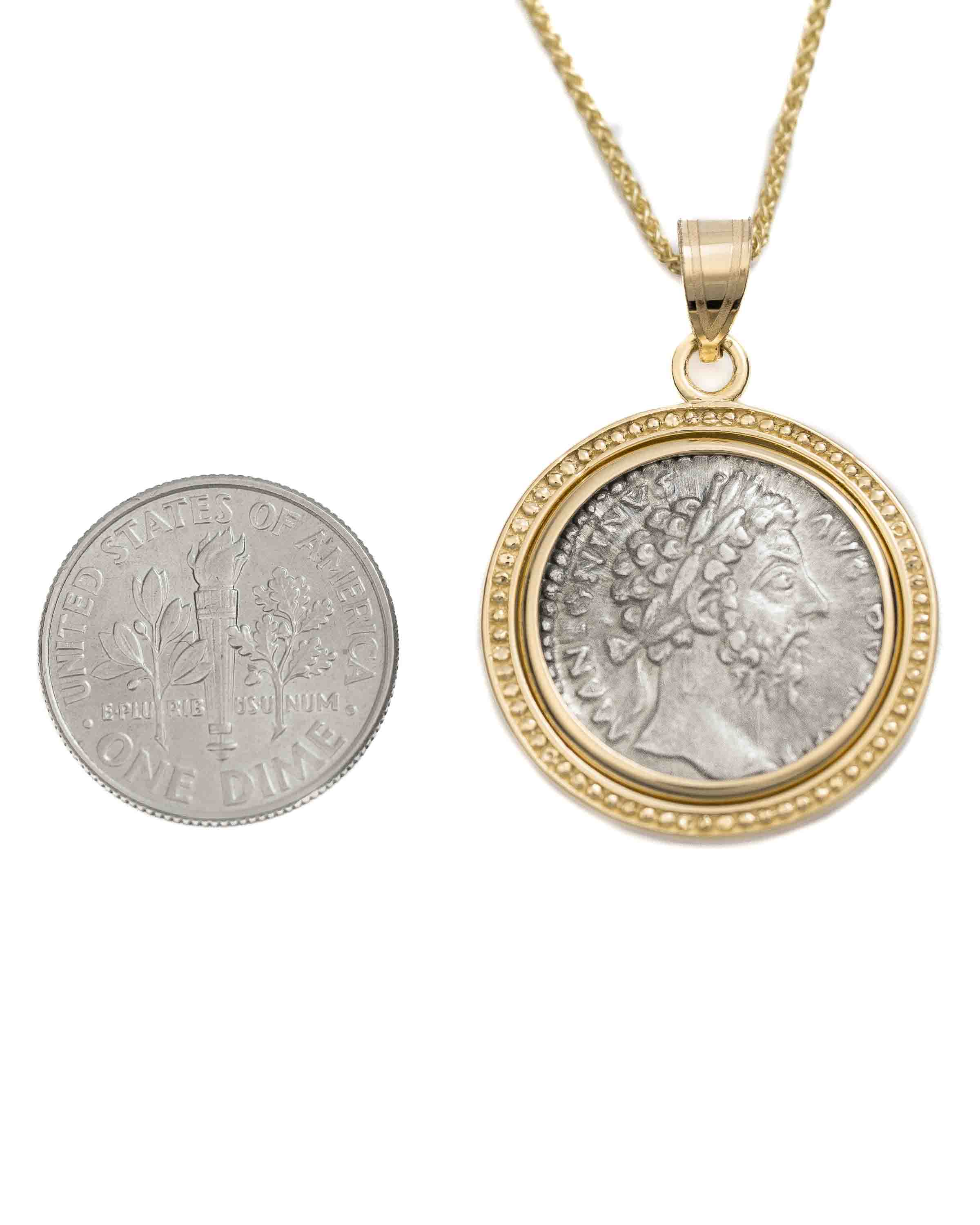 14k Gold Genuine Ancient Roman Coin Necklace (Marcus Aurelius; 161-180 A.D.)