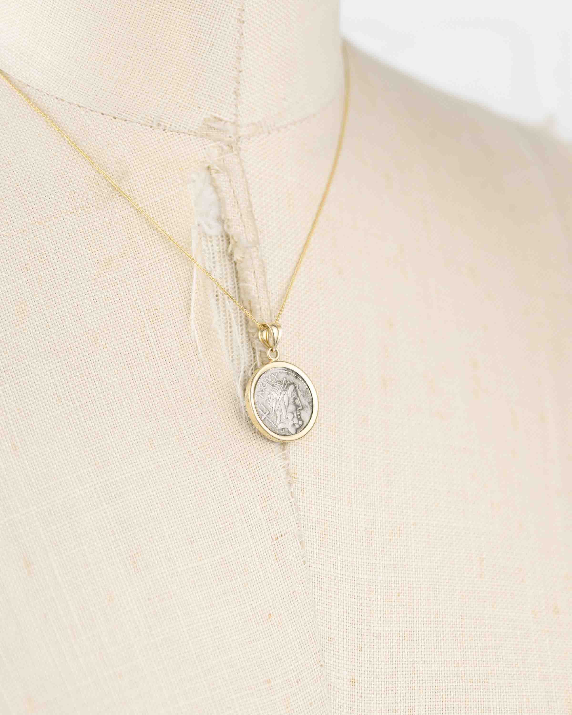 14k Gold Genuine Ancient Roman Coin Necklace (Neptune; 76 B.C.)